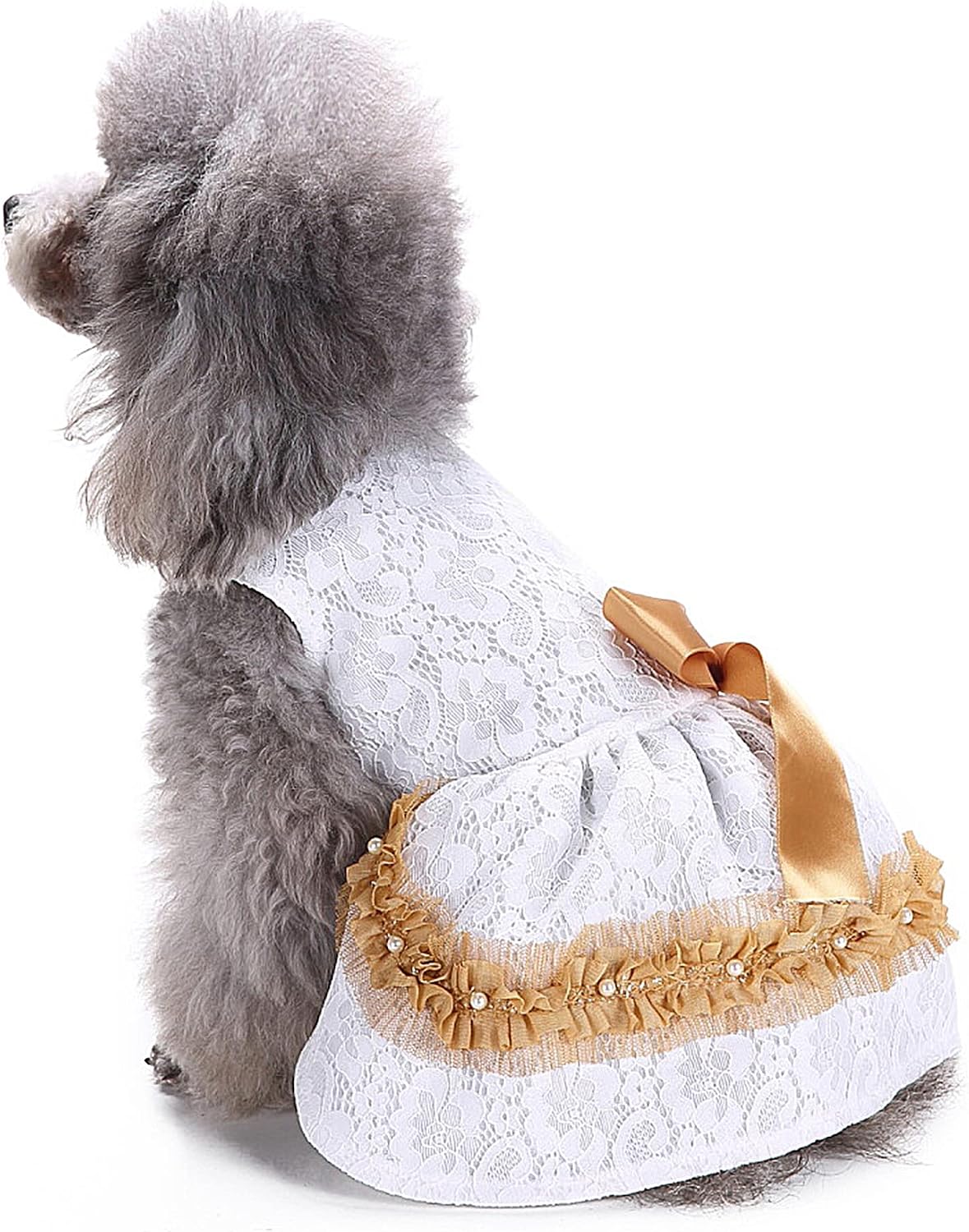 LifeWheel Dog Dress for Small Medium Dogs Girls Puppy White Princess Dresses with Bow and Pearl Decor Pet Lace Costume Formal Coat for Halloween Christmas Wedding Party (White, Medium)