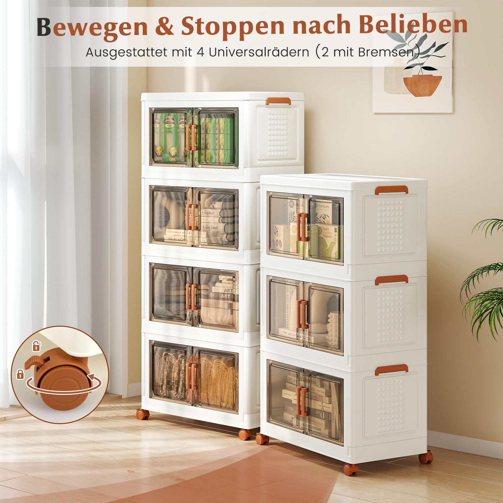 COSTWAY Aufbewahrungsbox mit Deckel, 52Lx3 Stapelboxen faltbar, Aufbewahrungsbehälter mit Rollen & transparenten Türen, Kunststoffbox Ordnungsboxen durchsichtig
