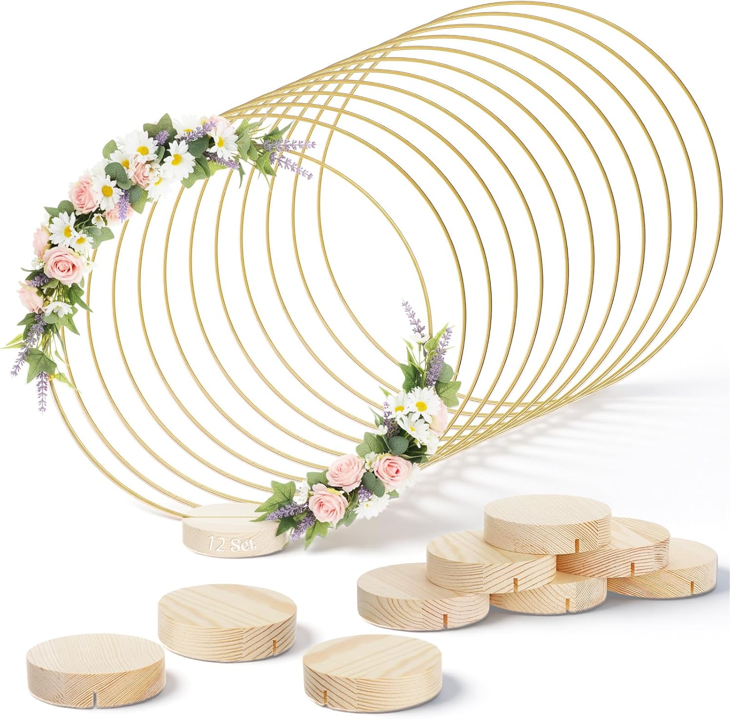 12 Pcs 12 Inch Metal Floral Hoop Centerpieces, Gold Metal Floral Hoop, Including 12 Pcs 3.3 Inch Large Round Wooden Display Stand for Making Wedding Table Wreaths, Wall Hanging Crafts
