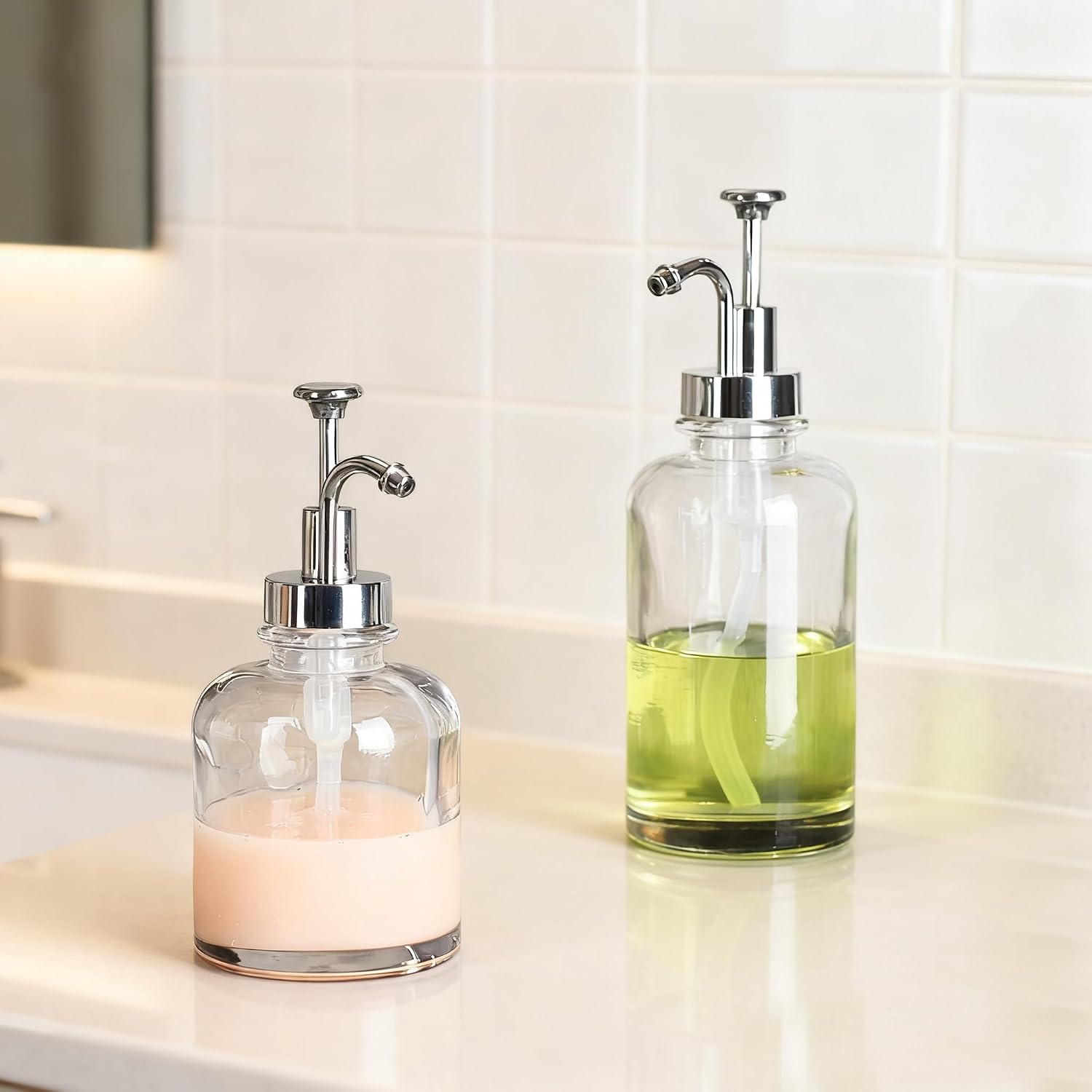 Handmade Glass Soap Dispenser Set, Thick Clear Heavy Glass with Durable PP Pumps, 12oz + 14oz Refillable Bottles for Bathroom, Kitchen, Lotion & Soap
