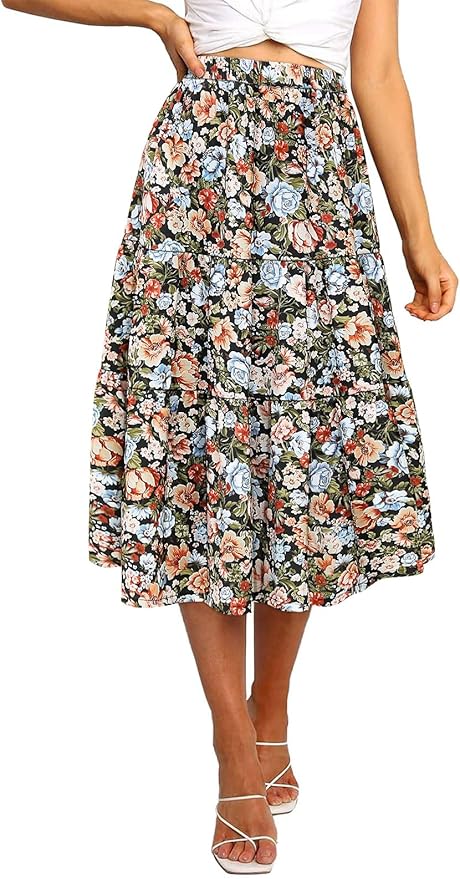 MEROKEETY Women's Boho Leopard Print Skirt Pleated A-Line Swing Midi Skirts