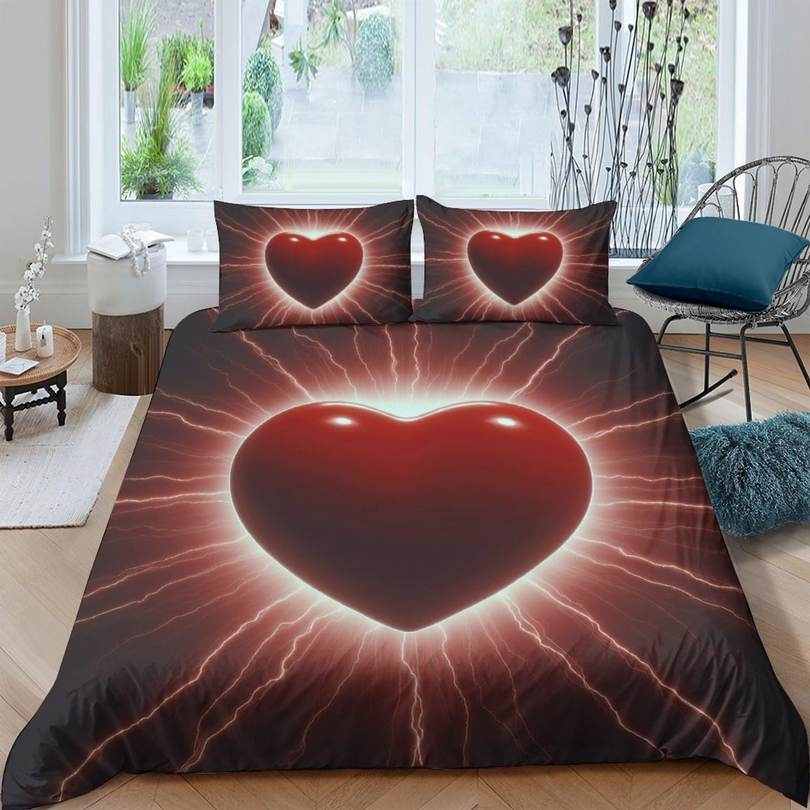 Housse de couette coeur lumineux 3D pour une ambiance romantique