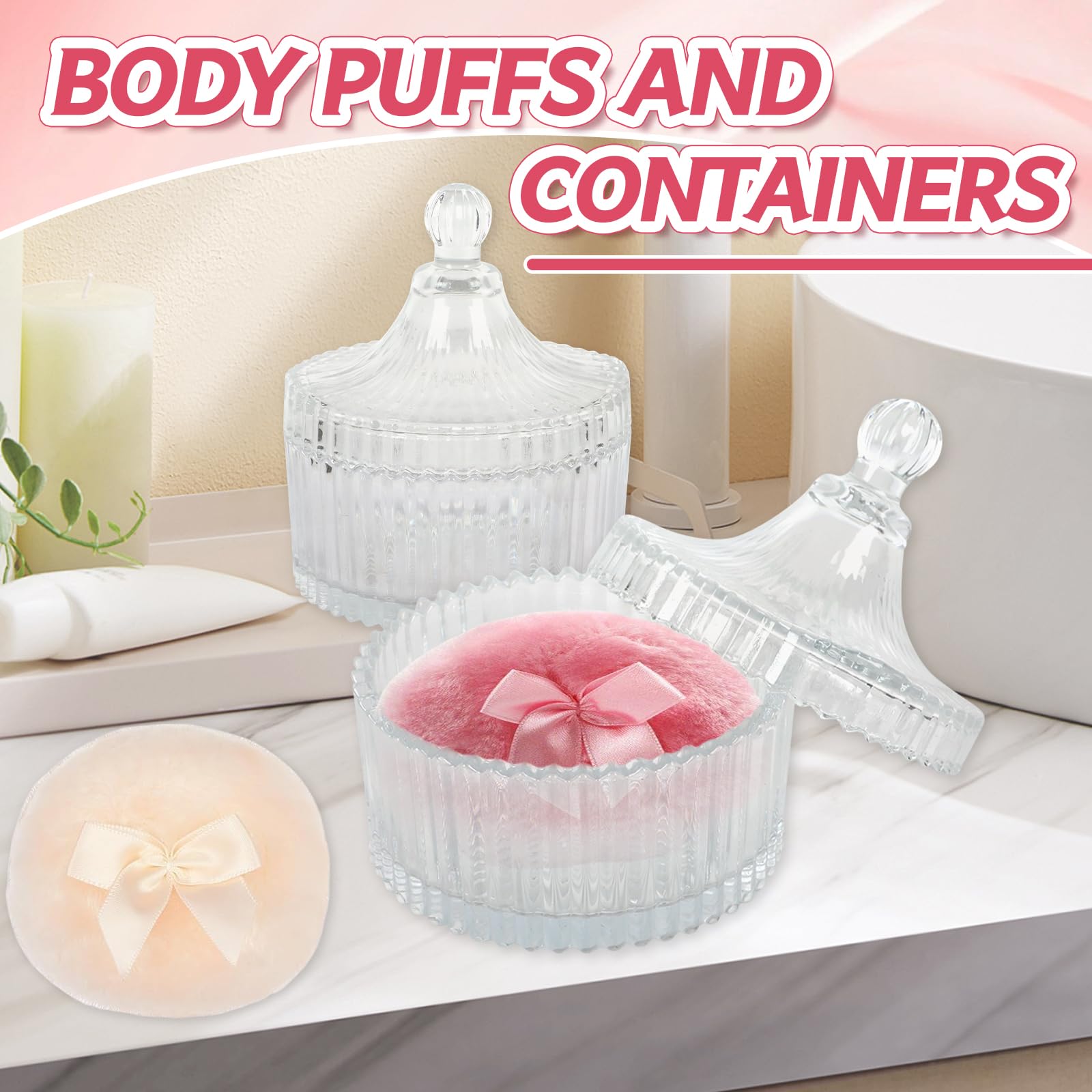 Set di contenitori per polvere in vetro con nappa in cipria, in polvere per il corpo, talco, o in vetro per caramelle, cioccolato, biscotti, come regalo per compleanno, Natale, feste, matrimoni