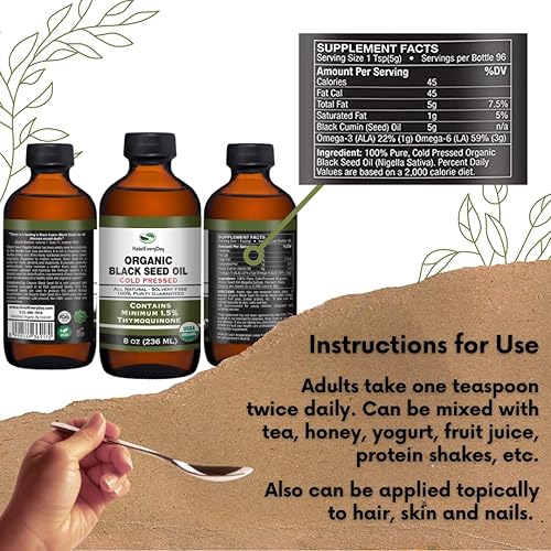 Miniatura 5 de Aceite orgánico de semillas negras  Botella de vidrio prensado en frío certificado por USDA con más de 1.5% de timoquinona 3 veces más de fuerza