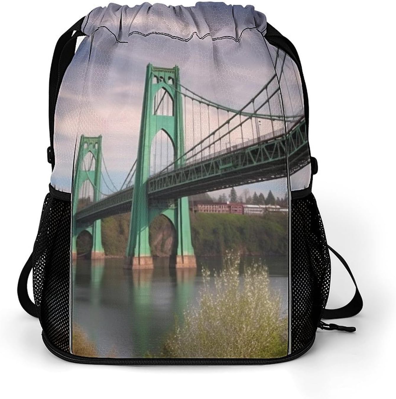 Small Gym Bag St Johns Bridge Printed Drawstring Gym Bag for Men Lightweight Waterproof Drawstring Backpack for Women with Shoe Compartment for Travel Tourism Work And Fitness