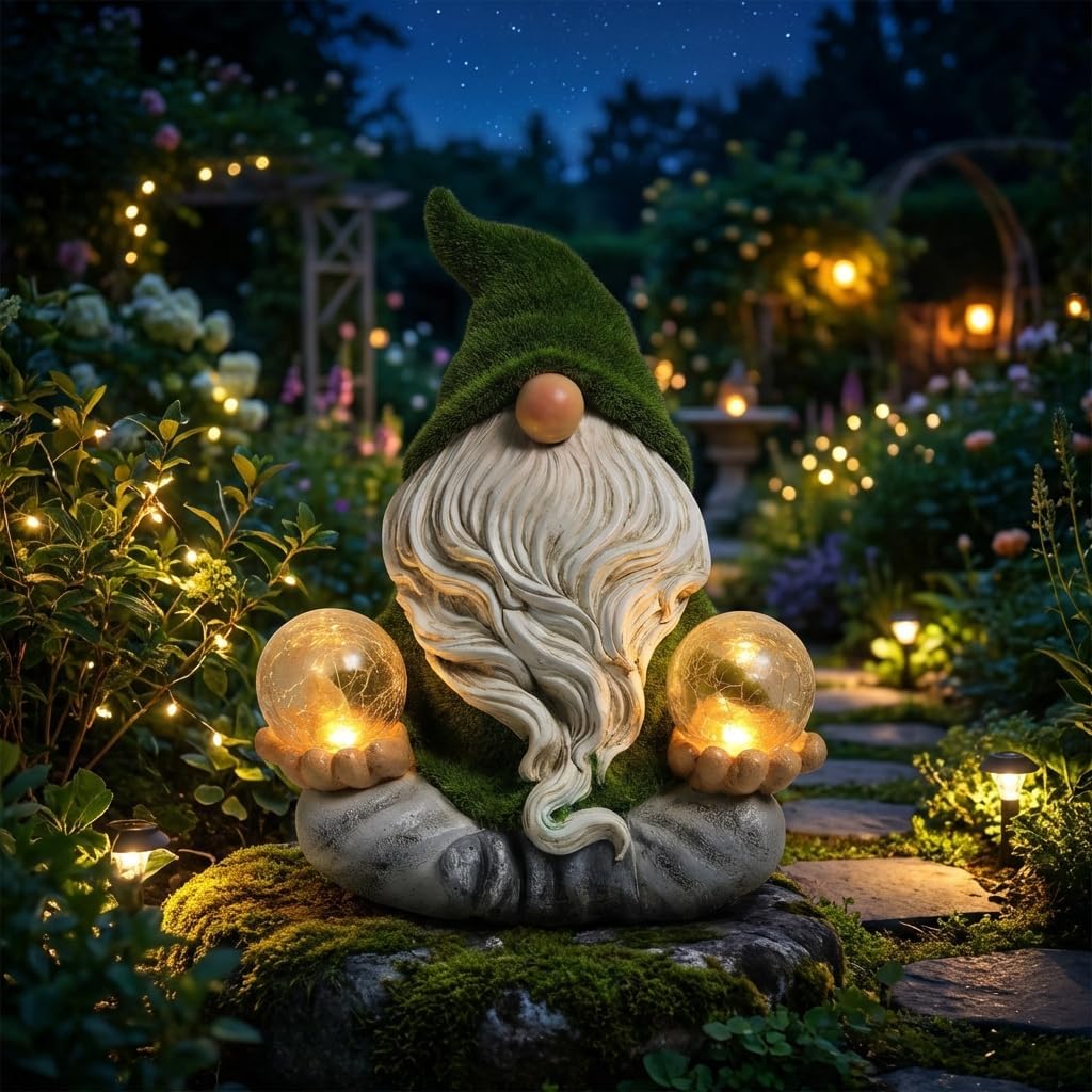 TERESA'S COLLECTIONS Garden Gnomes Decor with Solar Lights, St Patricks Decorations for Outdoor Decor,Resin Flocked Zen Garden Decor Outdoor for Porch Patio, Yoga Gnome Gifts for Women and Men, 6"