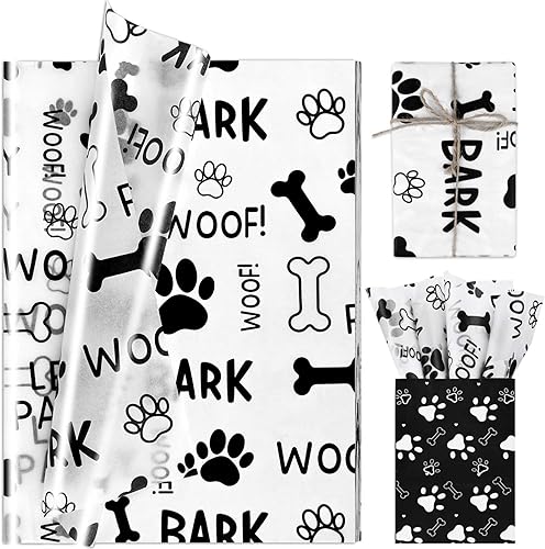 100 hojas de papel de seda de 20 x 14 pulgadas, papel de seda con estampado de patas de perro, papel de seda con patrón de ladridos Let's Pawty Woof