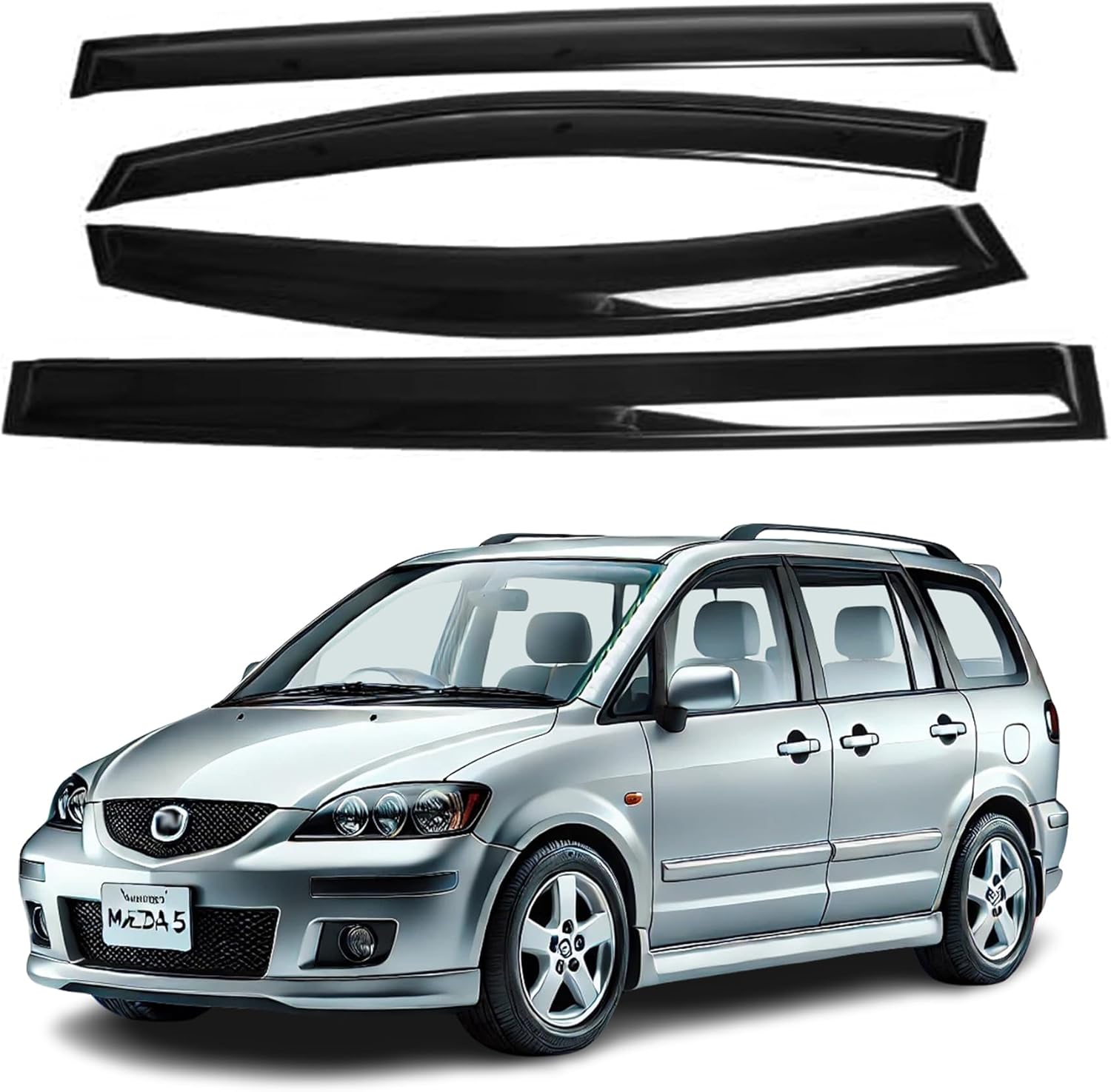 Fits for Mazda5 2011 2012 2013 2014 2015 Smoke Window Visor Set - Sun, Rain, and Vent Protection, 4-Pieces Tape-On Window Deflector Guard Kit