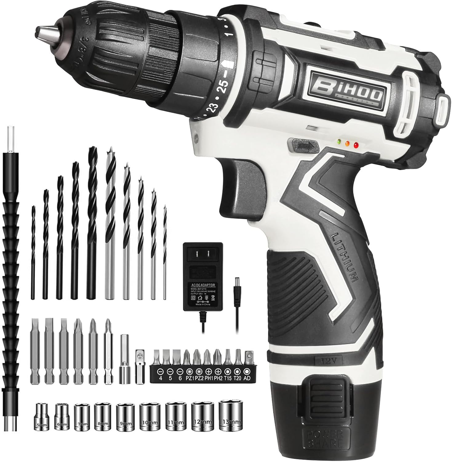 Taladro Atornillador Inalámbrico BIHOO 12V, 2 Velocidades, 25+1 Torque, Maletín