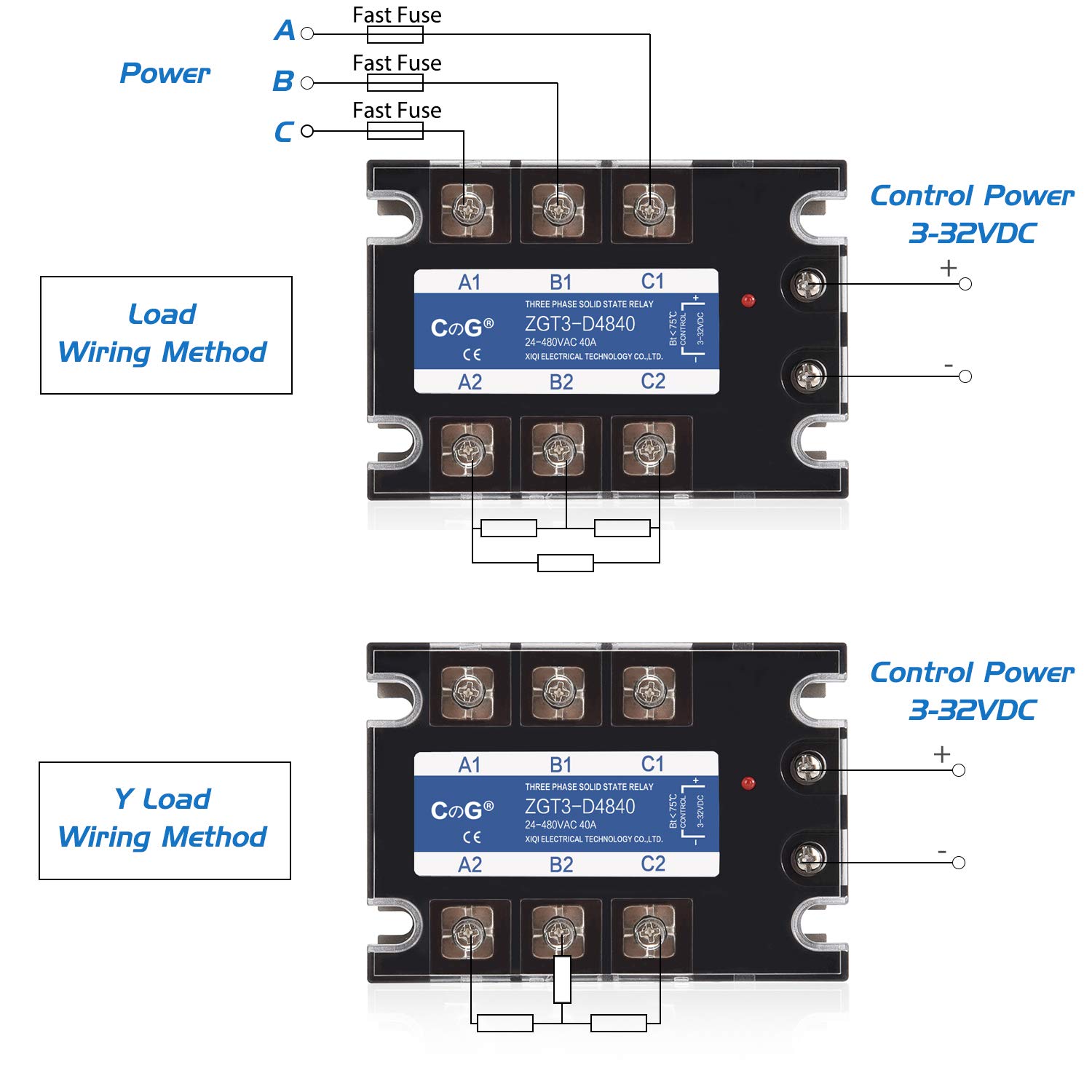 3 Phase Solid State Relay SSR-40DA DC to AC Input 3-32VDC to Output 24-480VAC 40A Plastic Cover…