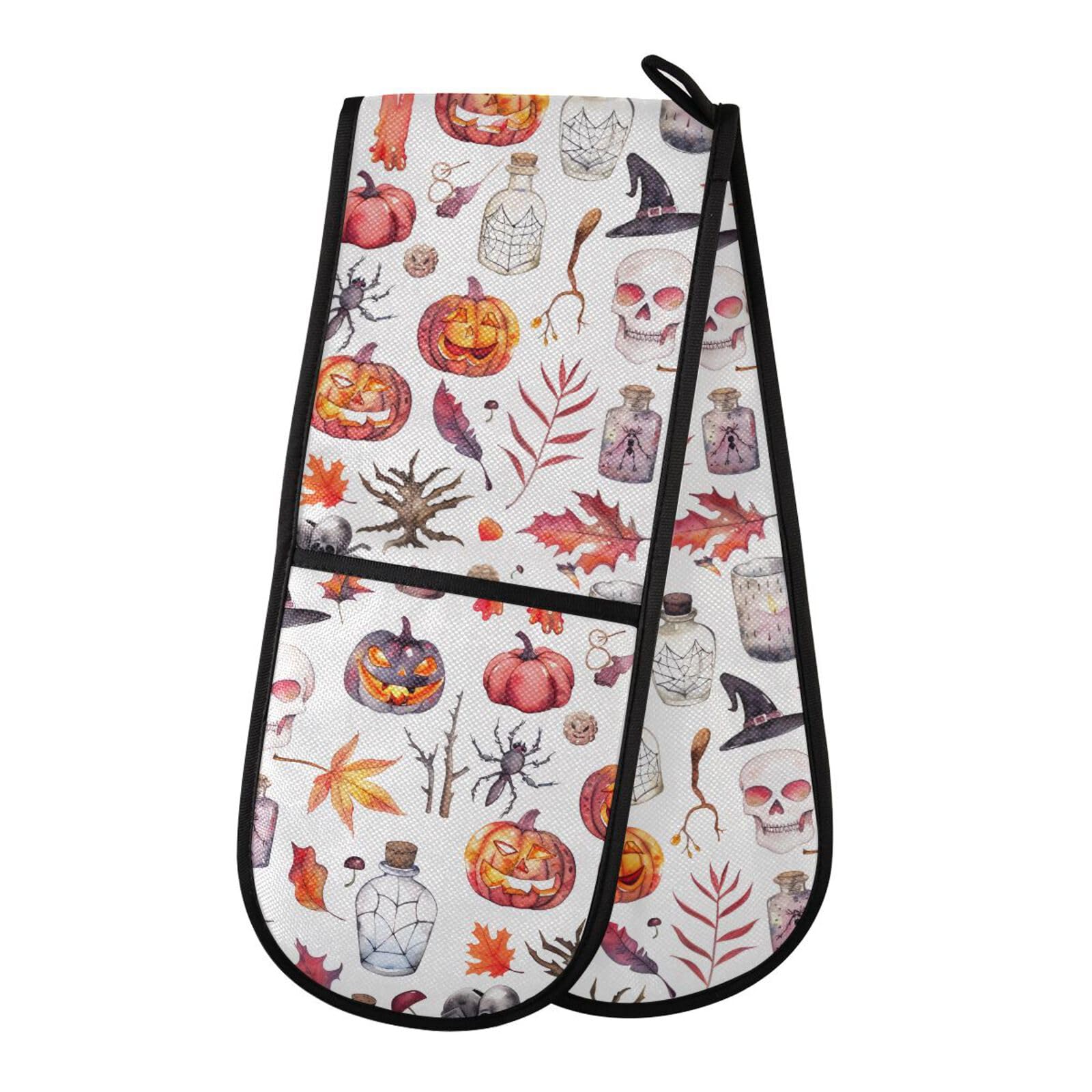 Double Oven Gloves Halloween Leaves Pumpkins Skull Heat Resistant Pot Holder Oven Mitt Gloves for BBQ Cooking Baking Grilling Microwave