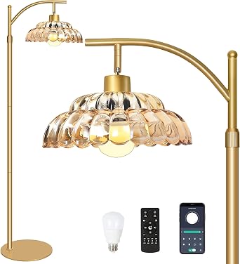 Floor Lamps for Living Room,Bedroom, Dimmable Standing Lamp with Remote | & Amber Glass Shade, Moder Gold Floor Lamp Mid Century Tall Lamp with 12W LED Bulb with
