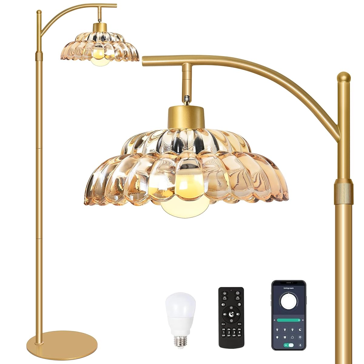 LVYE Floor Lamp with Amber Glass Shade, Dimmable Standing Lamp with Remote,