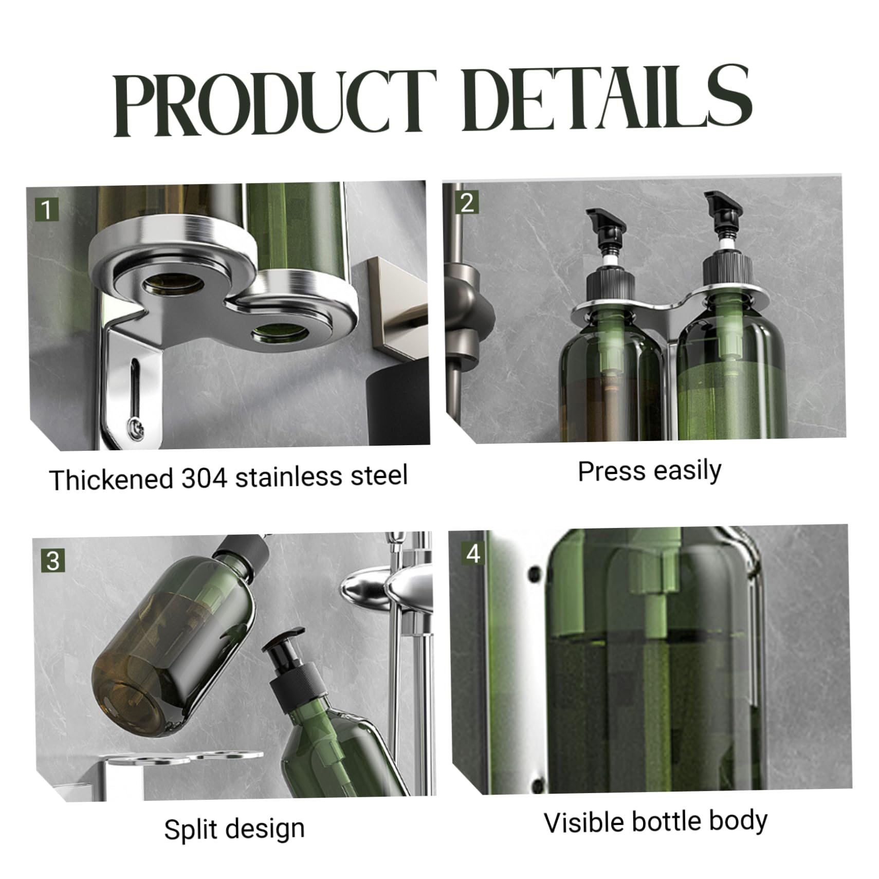 Soporte para dispensador de jabón con 2 Botellas, Soporte Doble para Botella de champú montado en la Pared de Acero Inoxidable con Adhesivo, Resistente y fácil de Lavar para el hogar.