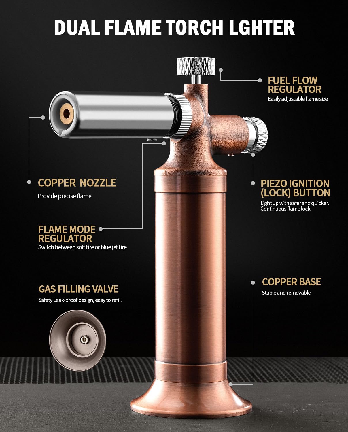 RAVS Copper Butane Torch, Dual Flame Torch Lighter, Refillable Kitchen Torch with Lock, Creme Brulee Torch for Baking, Rose gold Cooking Torch- Butane Gas Not Included