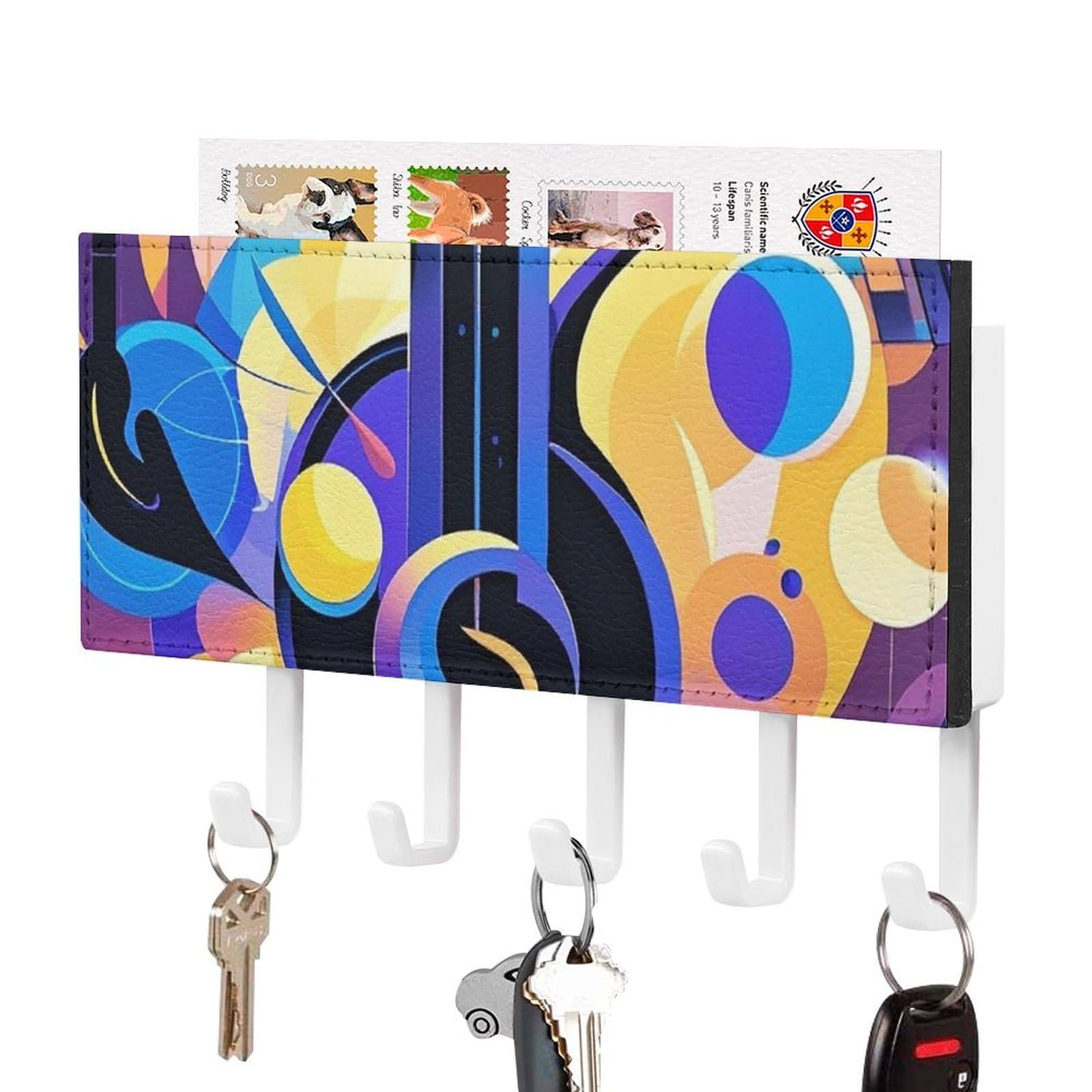FekiLoot Abstract Music Themed Key Holder Wall Mount Key Hanger with 5 Hooks Decorative Key Rack Hanging Key Hooks with Mail Organizer Key Holder for Wall Living Room Kitchen Bathroom Hallway White