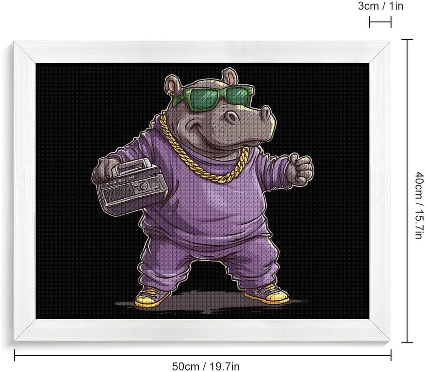 Hip Hop Hippo Printed Diamond 5D Painting Kits DIY Full Drill Crafts for Home Wall Decor 16x20 Inch White Wood 50 * 40cm