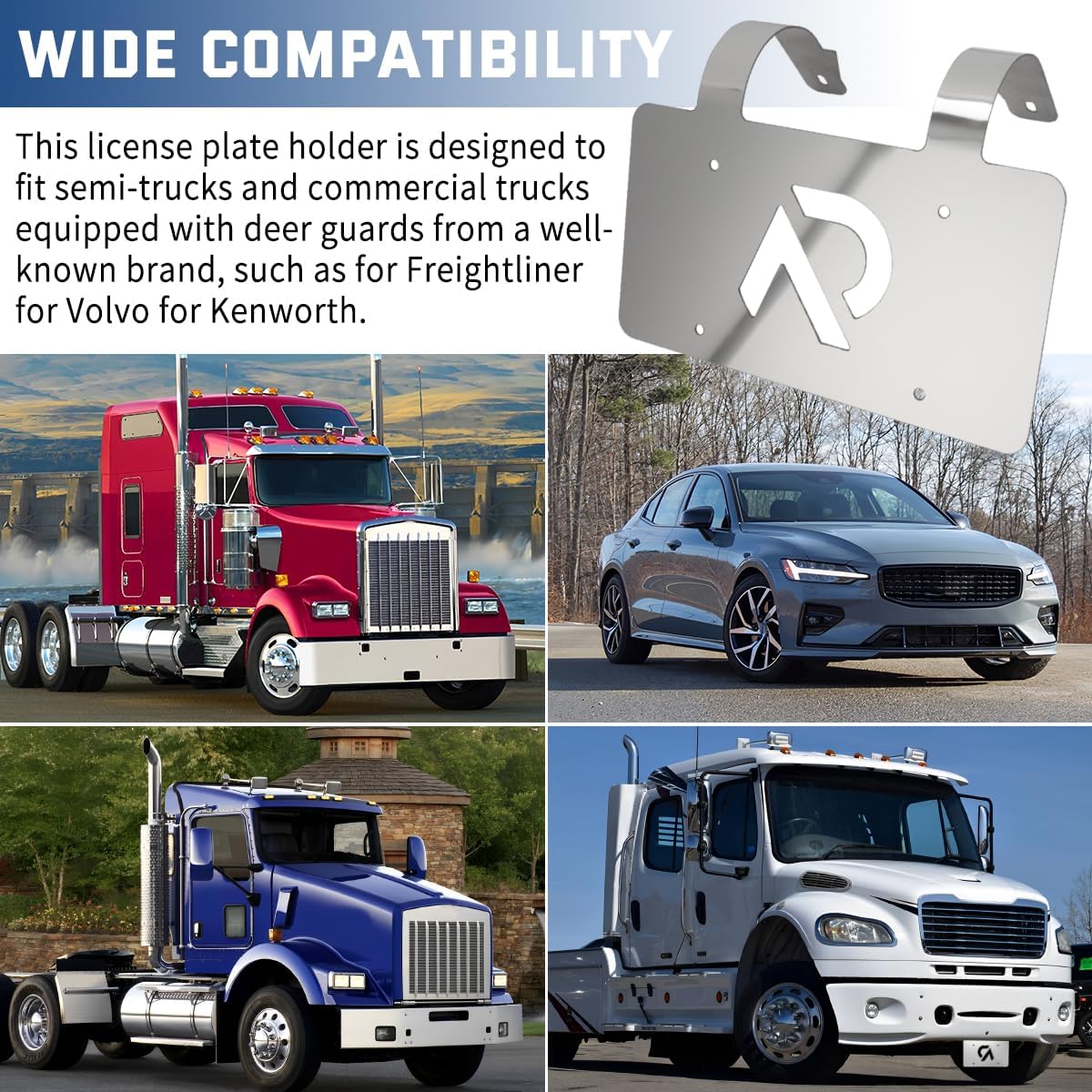Semi Truck Commercial Truck Deer Guard Stainless License Plate Holder 3'' for Freightliner for Volvo for Kenworth - White