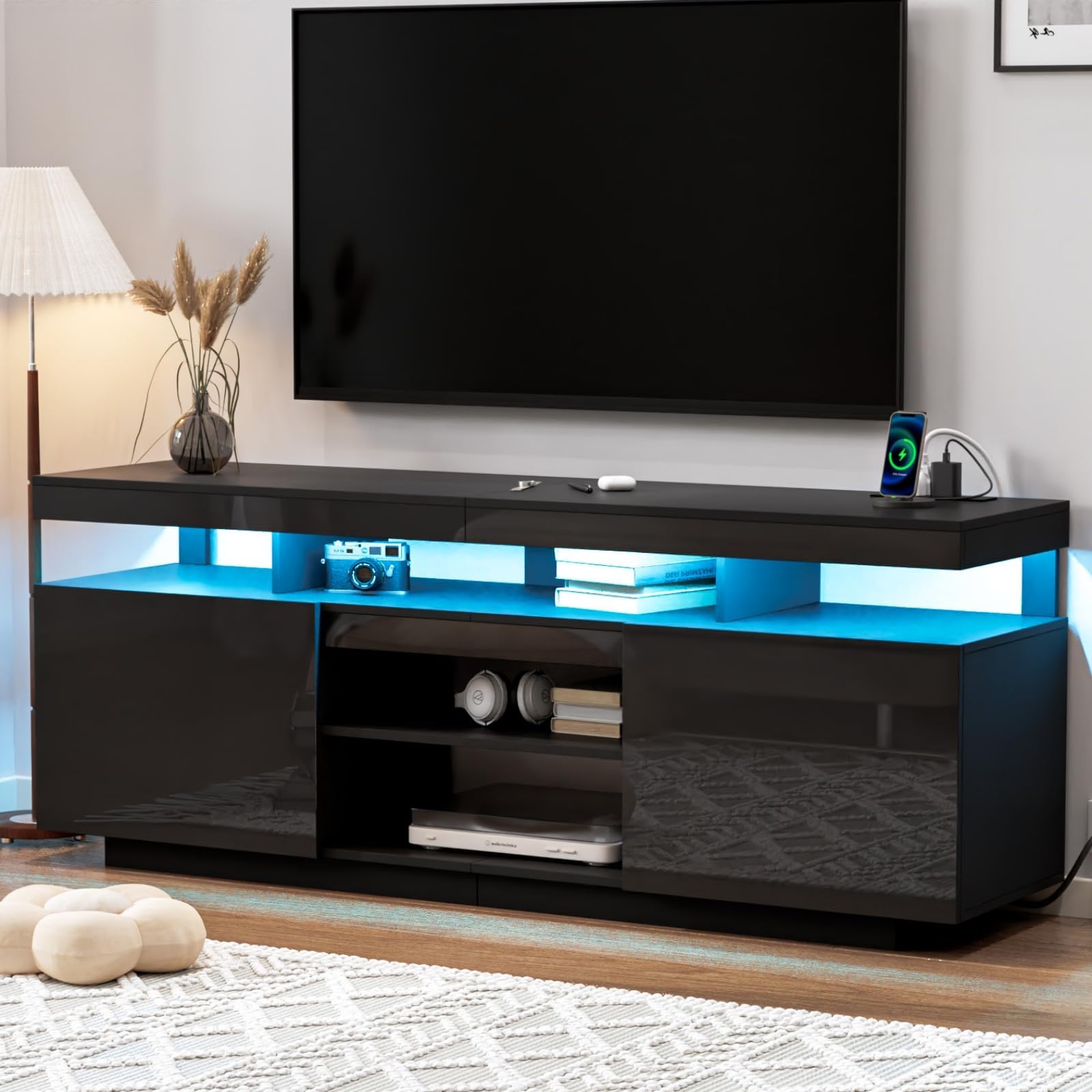 HOMMPA 75 Inch LED TV Stand, Modern Tall Entertainment Center with Power Outlets for Living Room, Bedroom, High Gloss Black TV Console with Storage, Gaming Media Cabinet for 75/70/65/55 Inch TVs