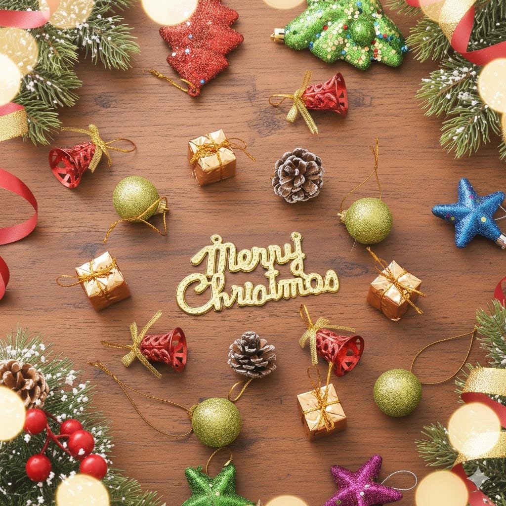 eCraftIndia Christmas Tree Decoration Items Merry Xmas Cutout Flowers Gifts Bells Balls (Pack of 15) Hanging Ornaments Props Christmas Decorations for Home Office