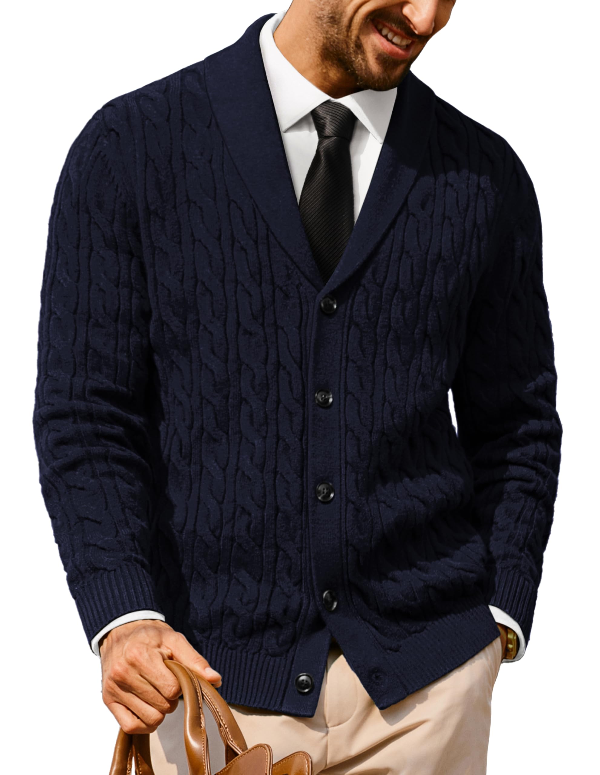 Cardigan en tricot torsadé homme col châle chic en maille texturée unie