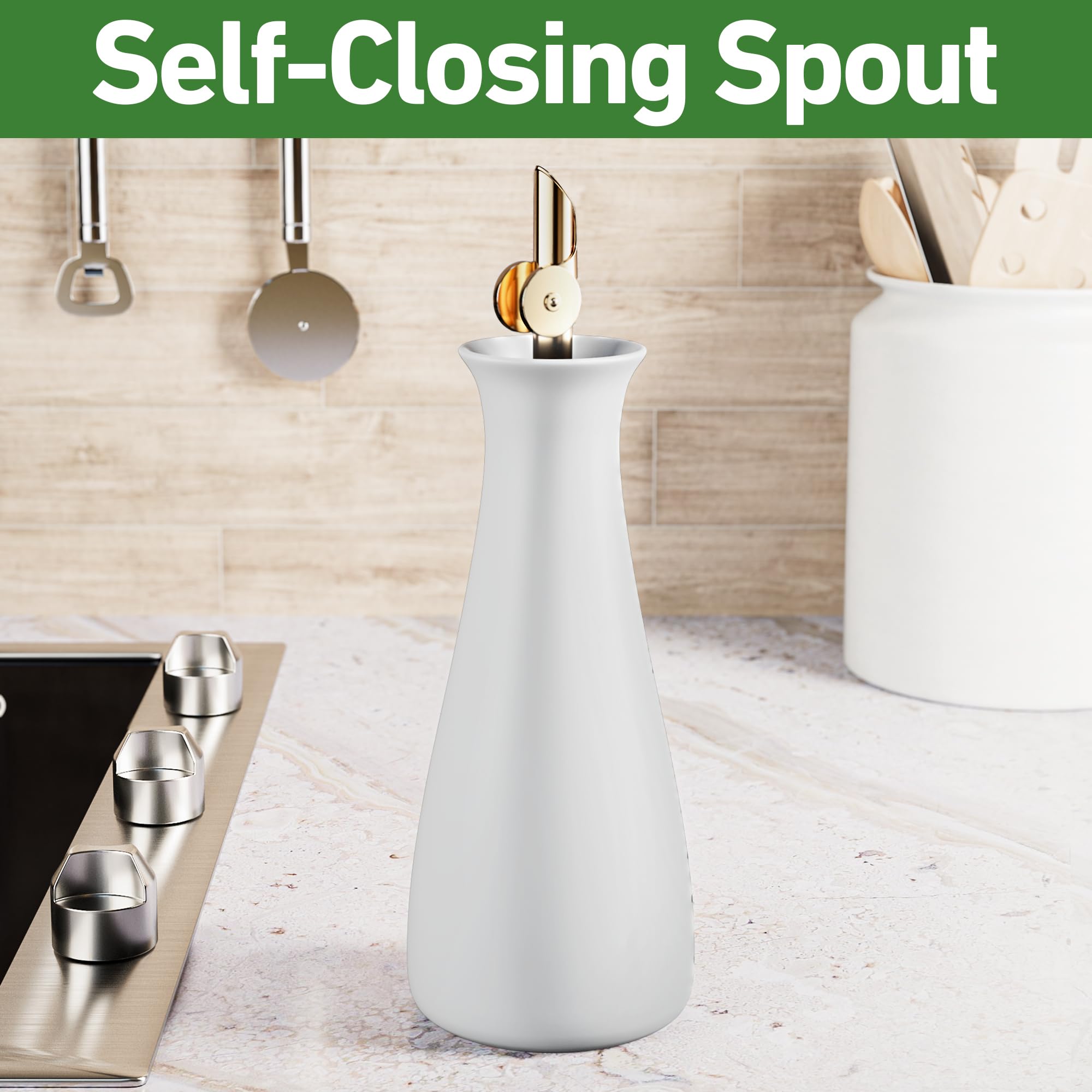Dispensador de aceite de oliva de cerámica con boquilla dorada de cierre automático, dispensador de aceite de cerámica blanca mate para cocina, dispensador de aceite de oliva de cerámica para cocina,