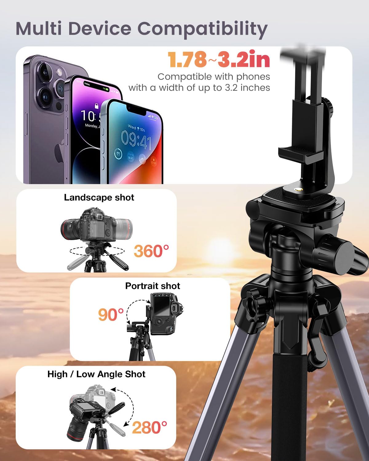CAMBOFOTO Trépied professionnel robuste en aluminium pour appareil photo sans miroir/DSLR/téléphone portable/caméscope, avec support et sac de voyage Gris métallisé 188 cm