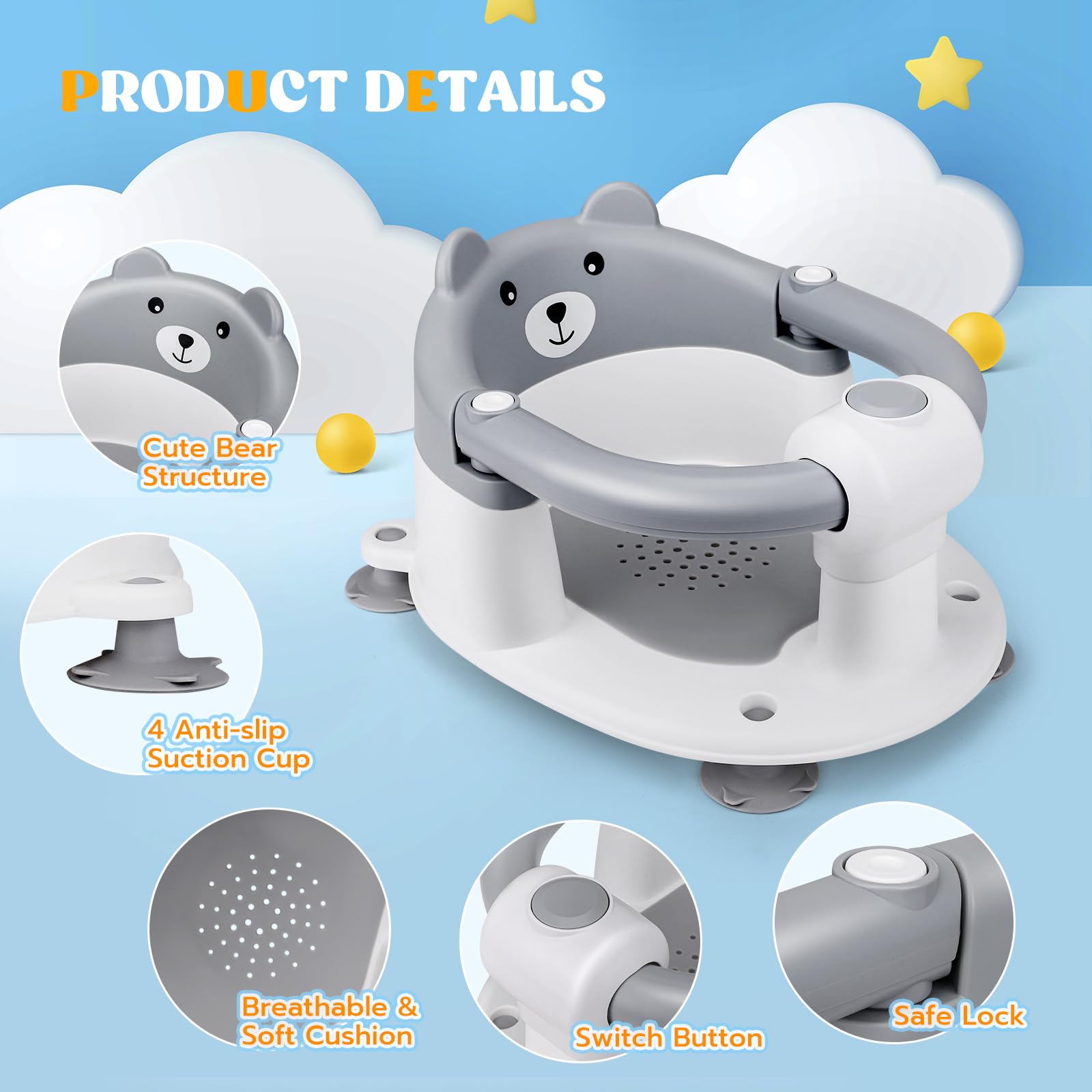 baby-badewannensitz Babybadsitz, stabiler Babybadsitz mit 4 Saugtaschen, tragbarer Badestuhl für Dusche oder Badewanne, ergonomischer Babybadsitz geeignet von 6 bis 24 Monaten