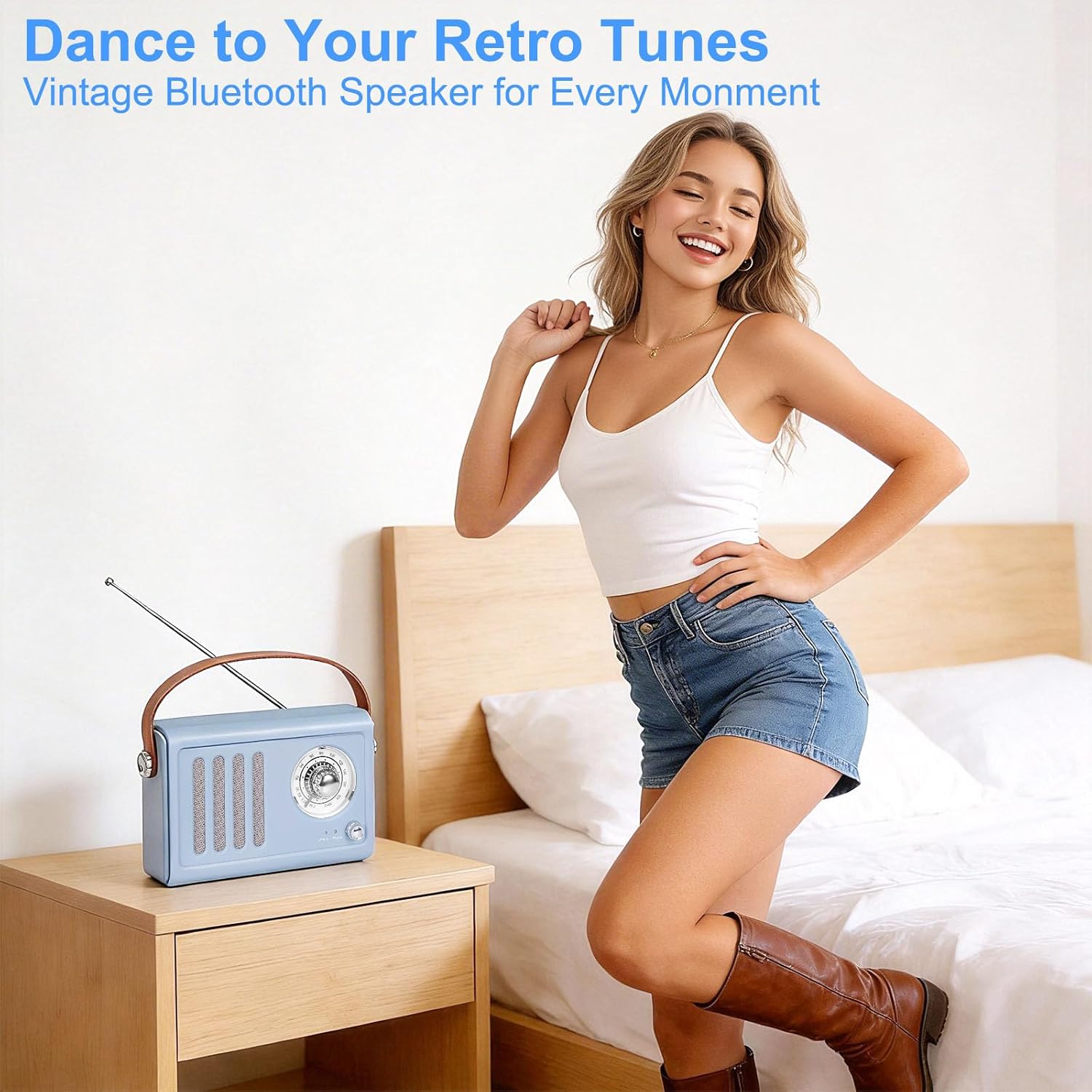 Retro Bluetooth Speaker with FM Radio – Portable Vintage Radio Speaker, Over 20 Hours Battery Life Speaker with Subwoofer,Type-C Charging for Home, Office & Outdoor Use(Light Blue)