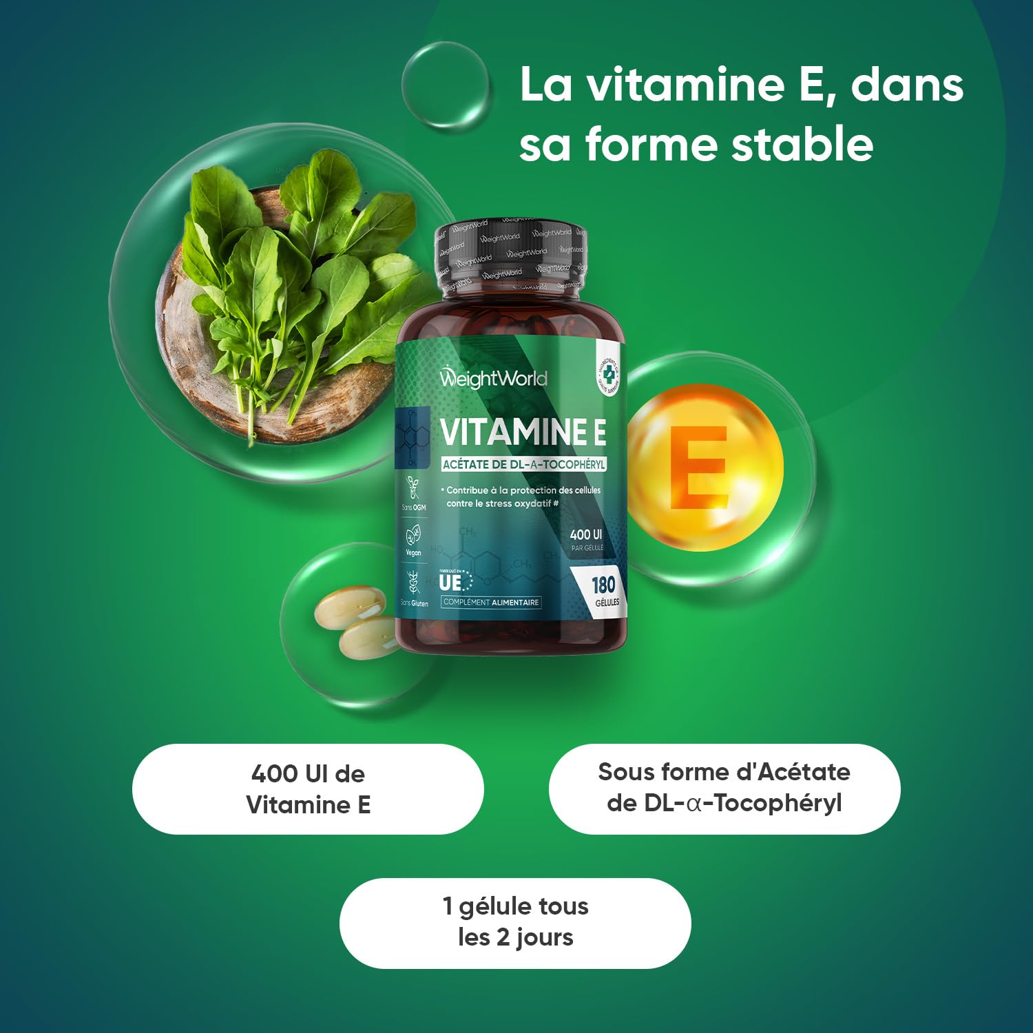 Vitamine E 400 UI, 1 Gélule tous les 2 Jours, 180 Gélules Vegan pour 1 An- Acetate de Dl Alpha Tocopheryl - Selon EFSA, la vitamine E contribue à la protection des cellules contre le stress oxydatif