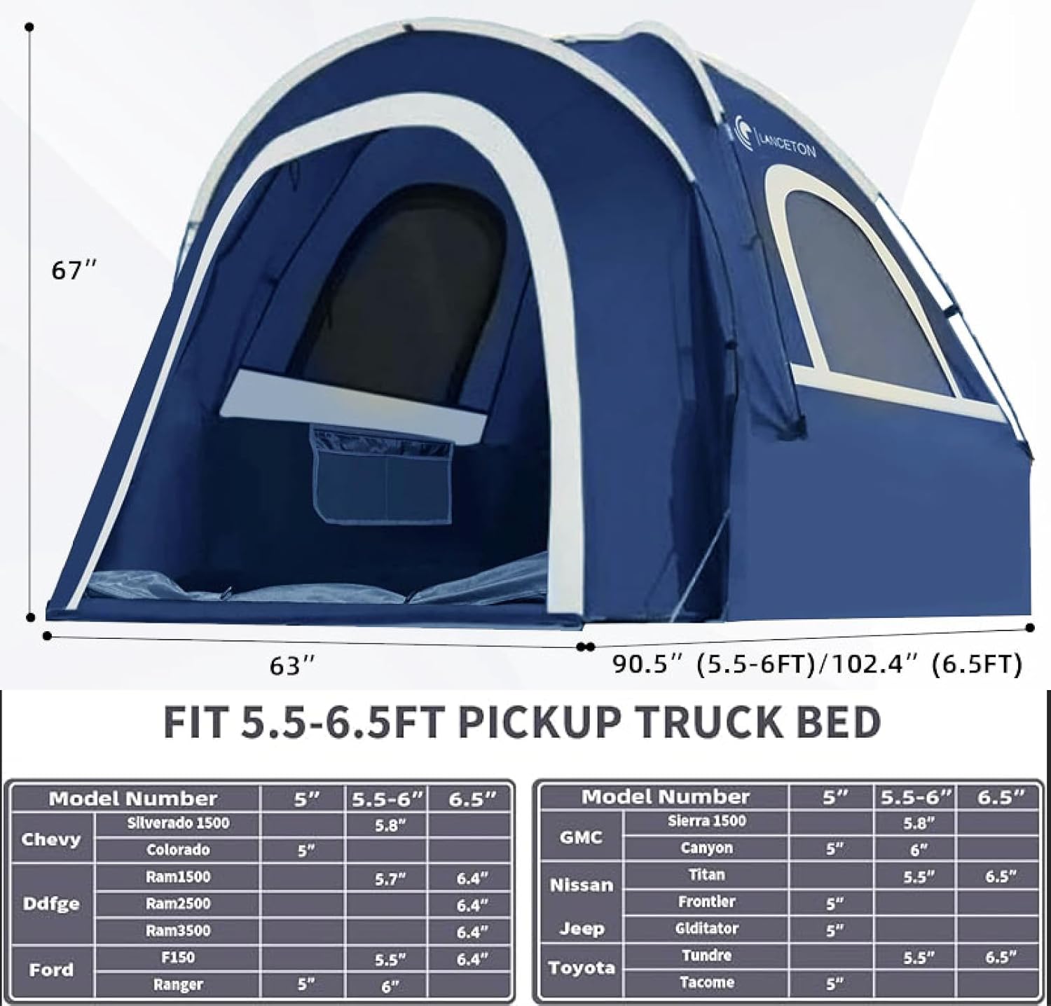 Pickup Truck Tent, Fit 5.5-6, 6.5ft Truck Bed, Waterproof PU3000 high Density Polyester Oxford, Windproof Pole and Insect-Prevention Double Layer Mesh Window & Door, Unique Rear Window Pipe