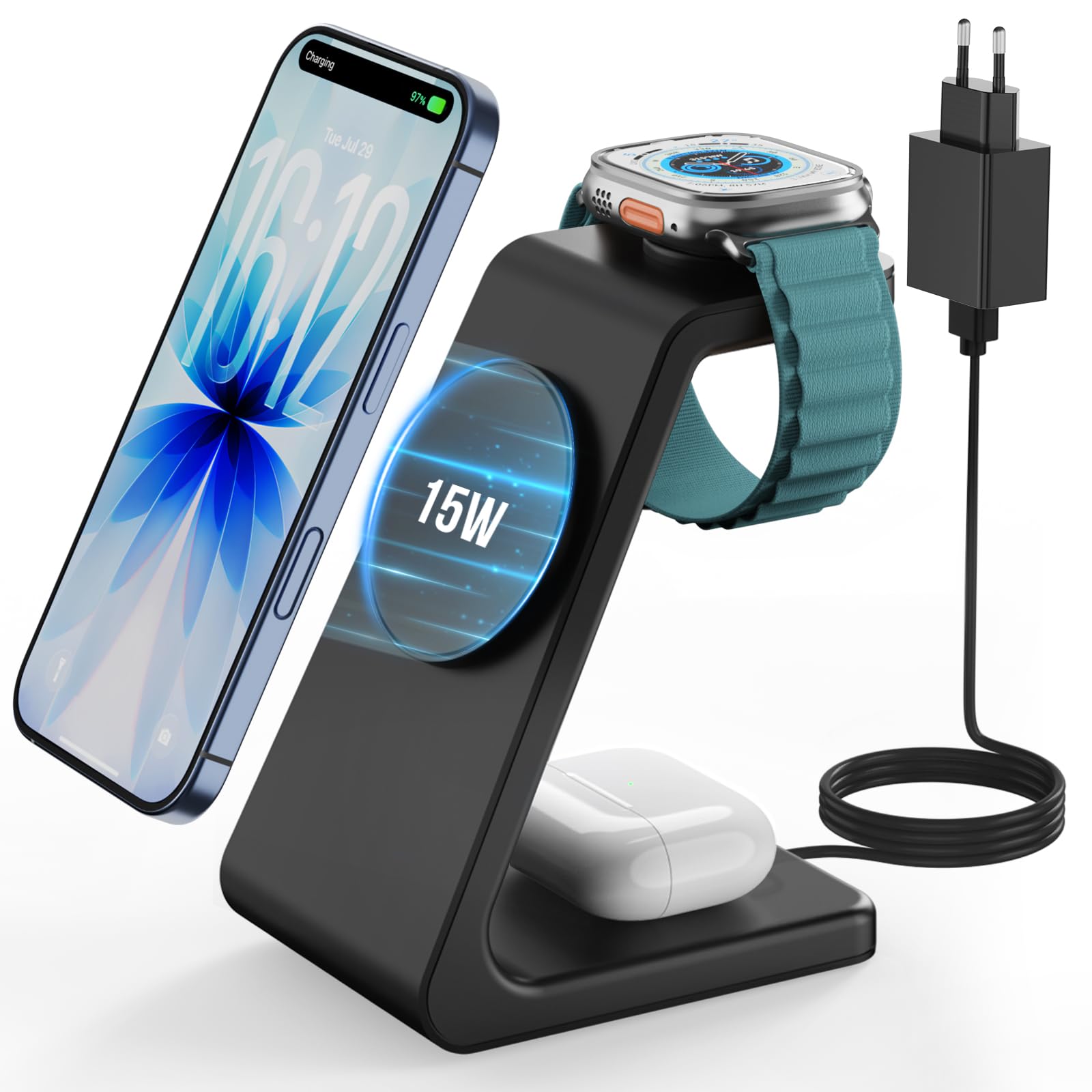 GEEKERA 3-in-1 Ladestation mit MagSafe, 15W Schnell Induktive Ladegerät für iPhone Air/17/16/15/14/13, Schnellladegerät für Apple Watch 11-2, Fast Charger Station für AirPods, Schwarz