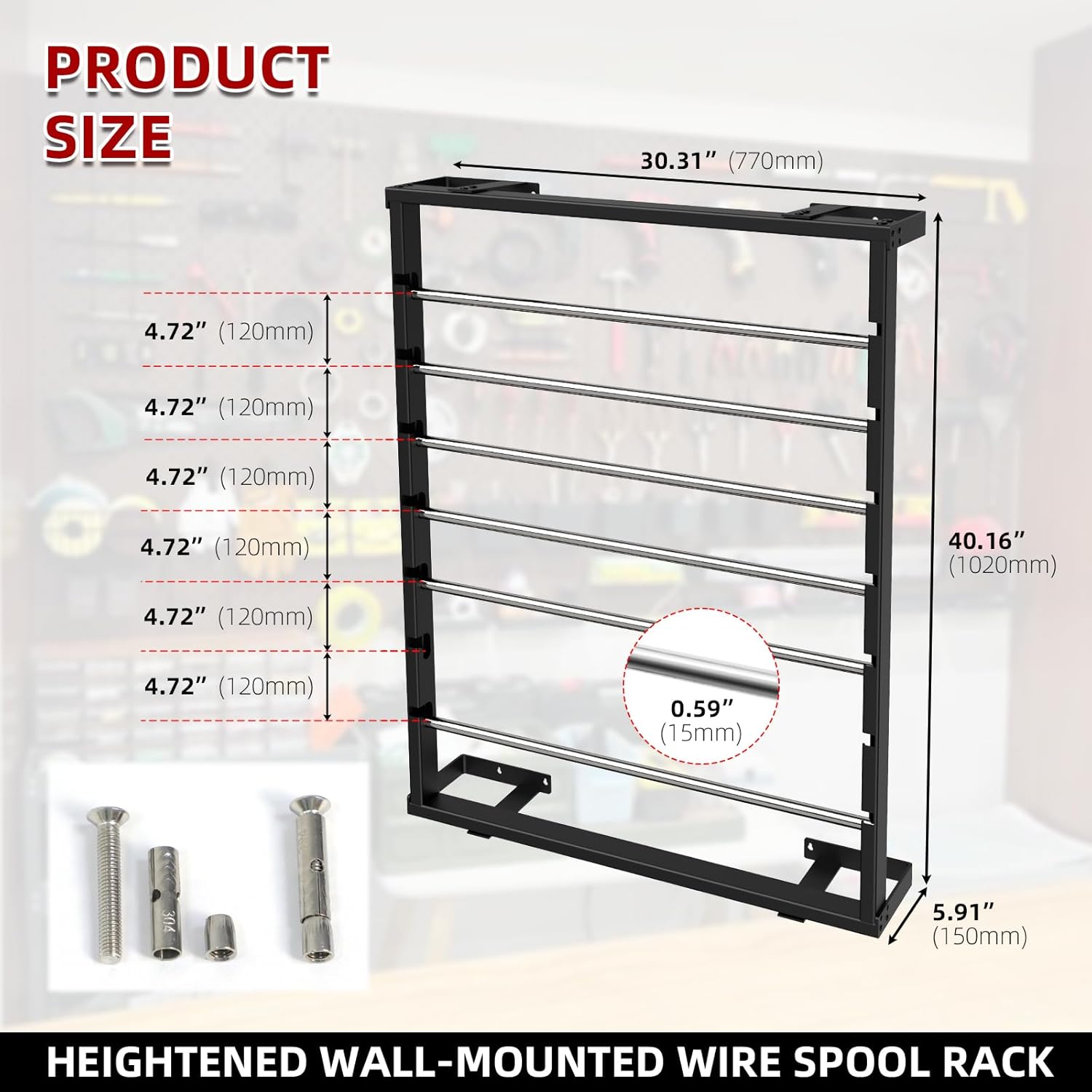ATOLS Heavy Duty Wall-Mounted Wire Spool Rack – 6 Adjustable Rods Cold-Rolled Steel Cable Caddy for Electrical Wire Storage, Romex Wire Dispenser & Spool Holder for Industrial Garage Workshop