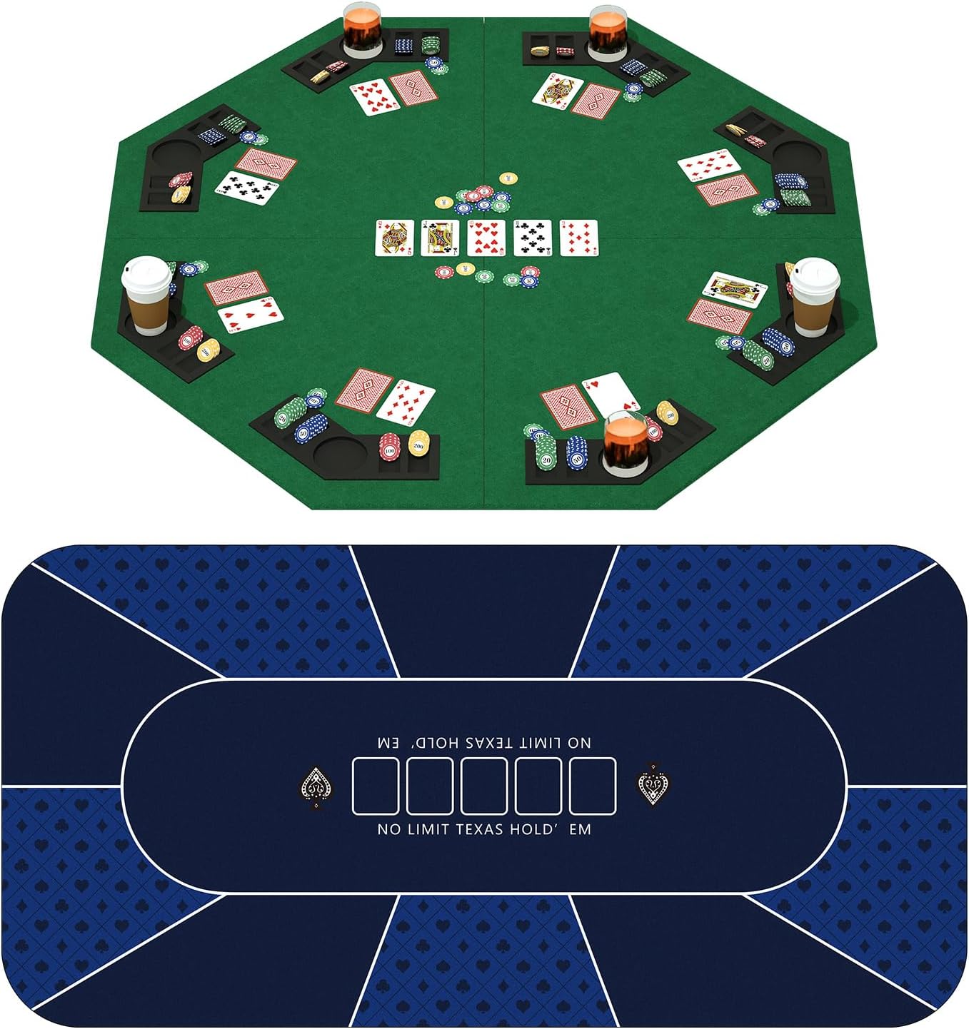 YUZPKRSI 70 x 35 Inch Poker Mat Blue + 48 Inch Wooden Poker Table Top Felt
