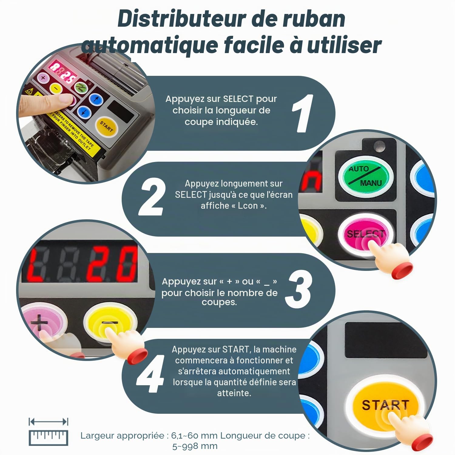 Distributeur automatique de ruban, machine de découpe de ruban améliorée avec manuel et automatique, machine de découpe de ruban électrique, distributeur de ruban d'emballage, découpe de 6 à 60 mm de