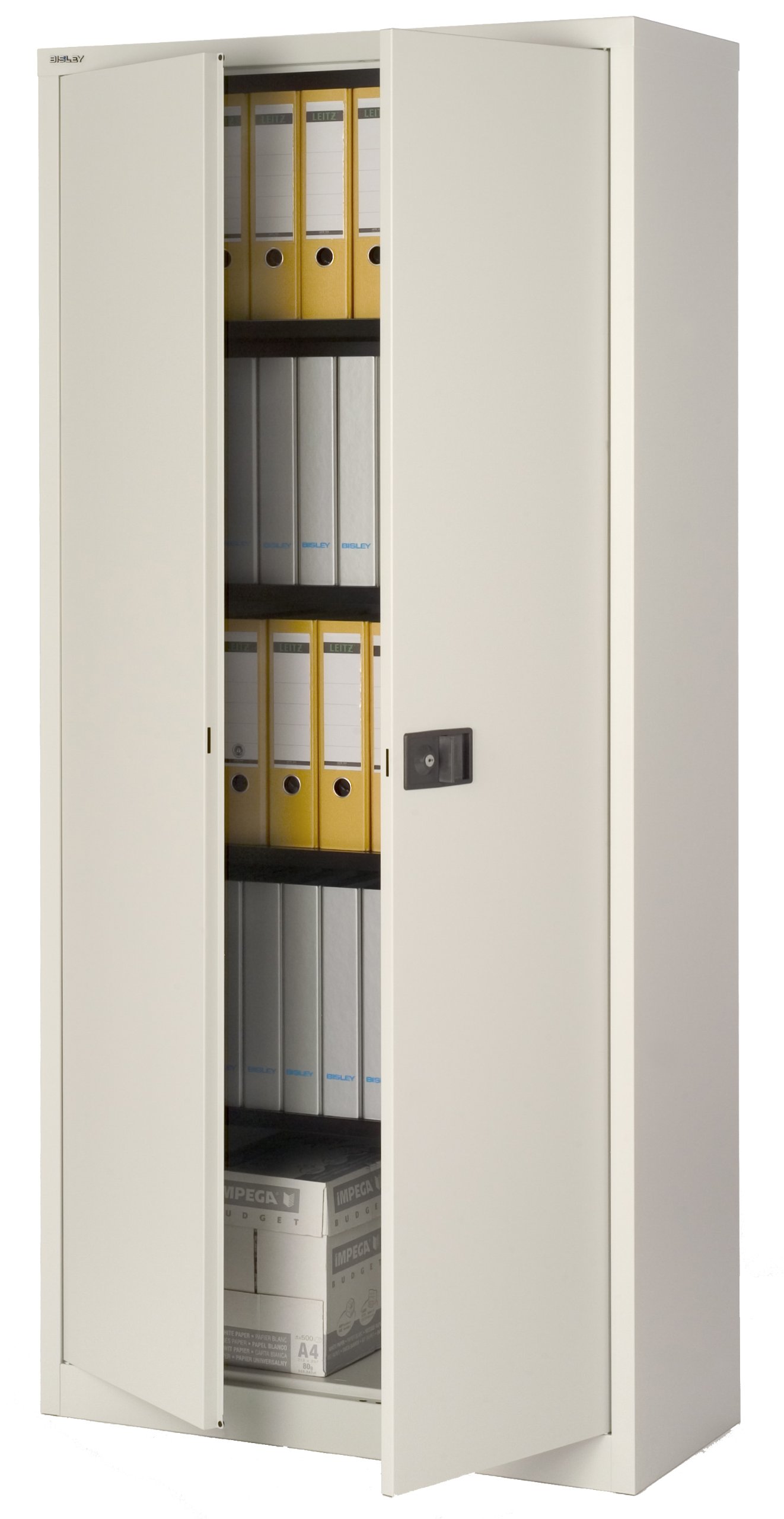 BISLEY Original Flügeltürenschrank Universal,4 Fachböden,5 OH,Metallschrank,Lichtgrau,40x91.4x195cm,Professionelle Lackierung,Montiert,Mehrzweckschrank,Garage,Arbeitszimmer,abschließbar Lagerschrank