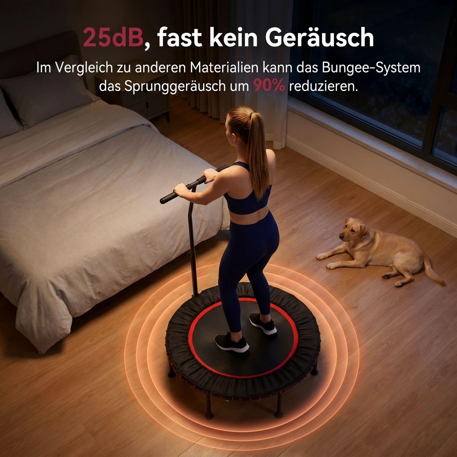 LIFERUN Ø102/122cm Fitness Trampolin Indoor mit Randabdeckung, bis 150kg, 3-stufiger Haltegriff, ohne Montage, geräuscharme Gummiseilfederung, für Erwachsene und Kinder, für drinnen und draußen