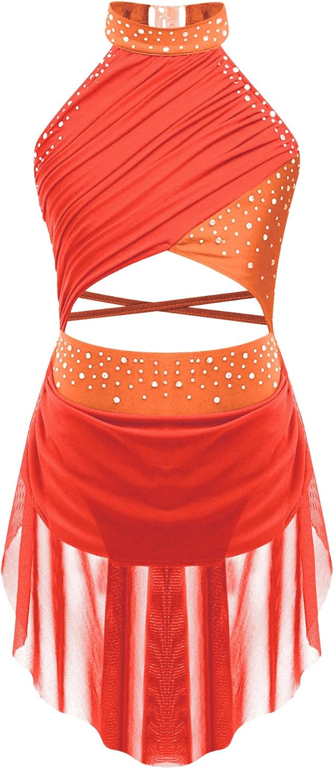 iiniim Kids Girls Shiny Ballet Lyrical Dance Dress Jazz Latin Dance Costume Backless Gymnastic Leotard with Flowy Skirt