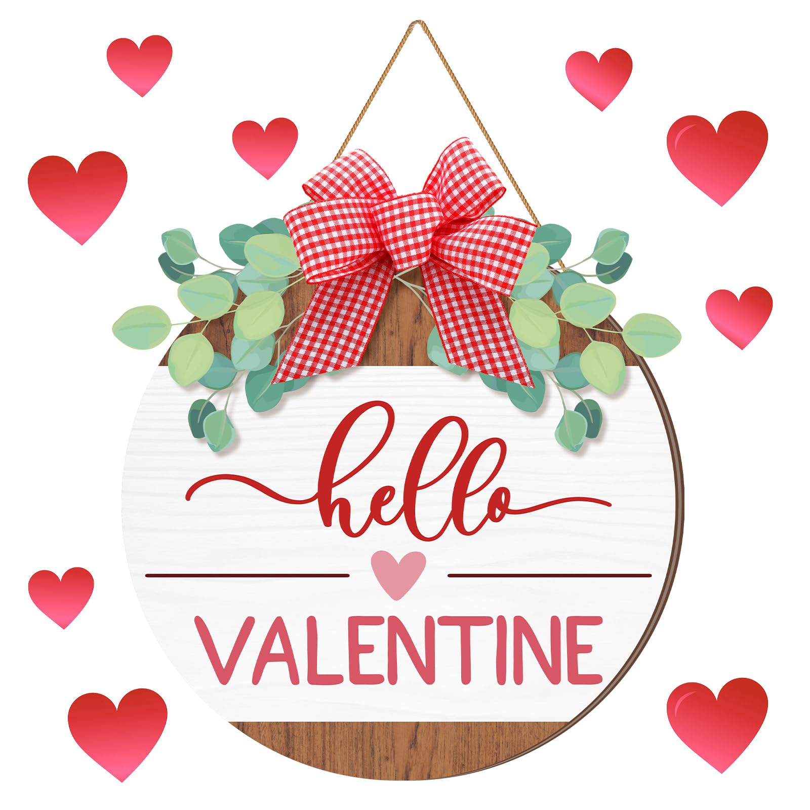 Shellwei Hello Valentine's Day Sign for Front Door 12 Inches Wood Red Pink Round with Bow Valentine's Day Door Wreath Hanger Indoor Wall Hanging Decoration for Wedding Home Porch