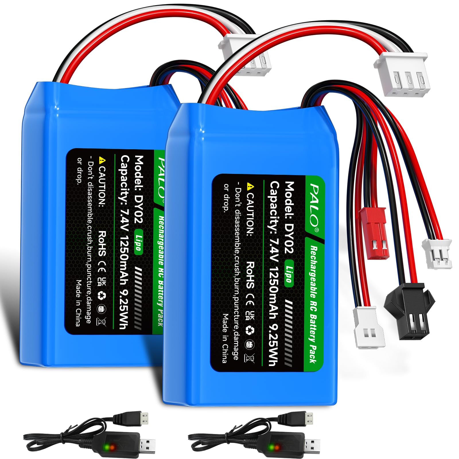 Mspalocell 7.4V Lipo battery 1250mAh PH2.0/JST/SM-2P/MX2.0 Battery 25C, XH2.54-3P Balance Plug & USB Charger, for WLtoys RC Crawler SCX24 CR18P FCX18 FCX24, for RC car, Airplane, 2 Battery Packs