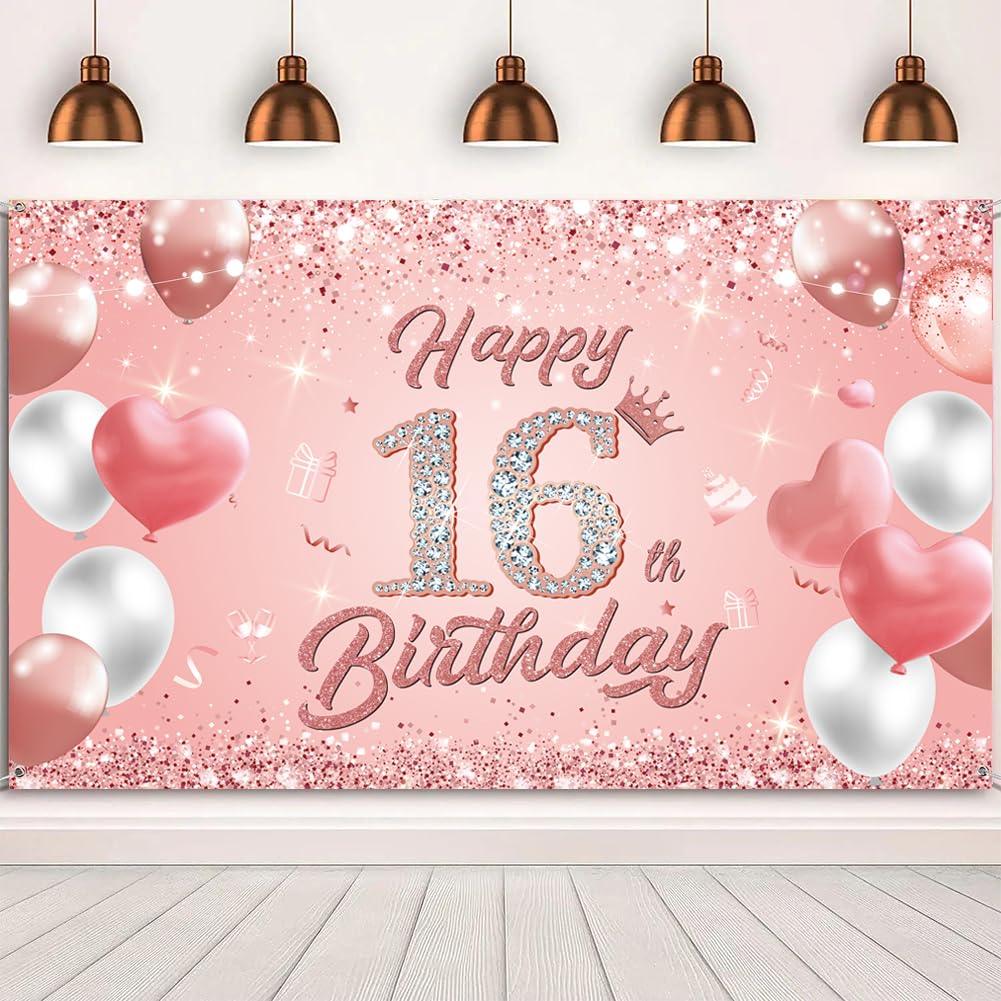Happy 16th Birthday Banner Rose Gold 1.1 x 1.8m Happy Birthday Banner Backdrop 16th birthday Decorations for Girls Women, 16 Years Old Anniversary Party Supplies