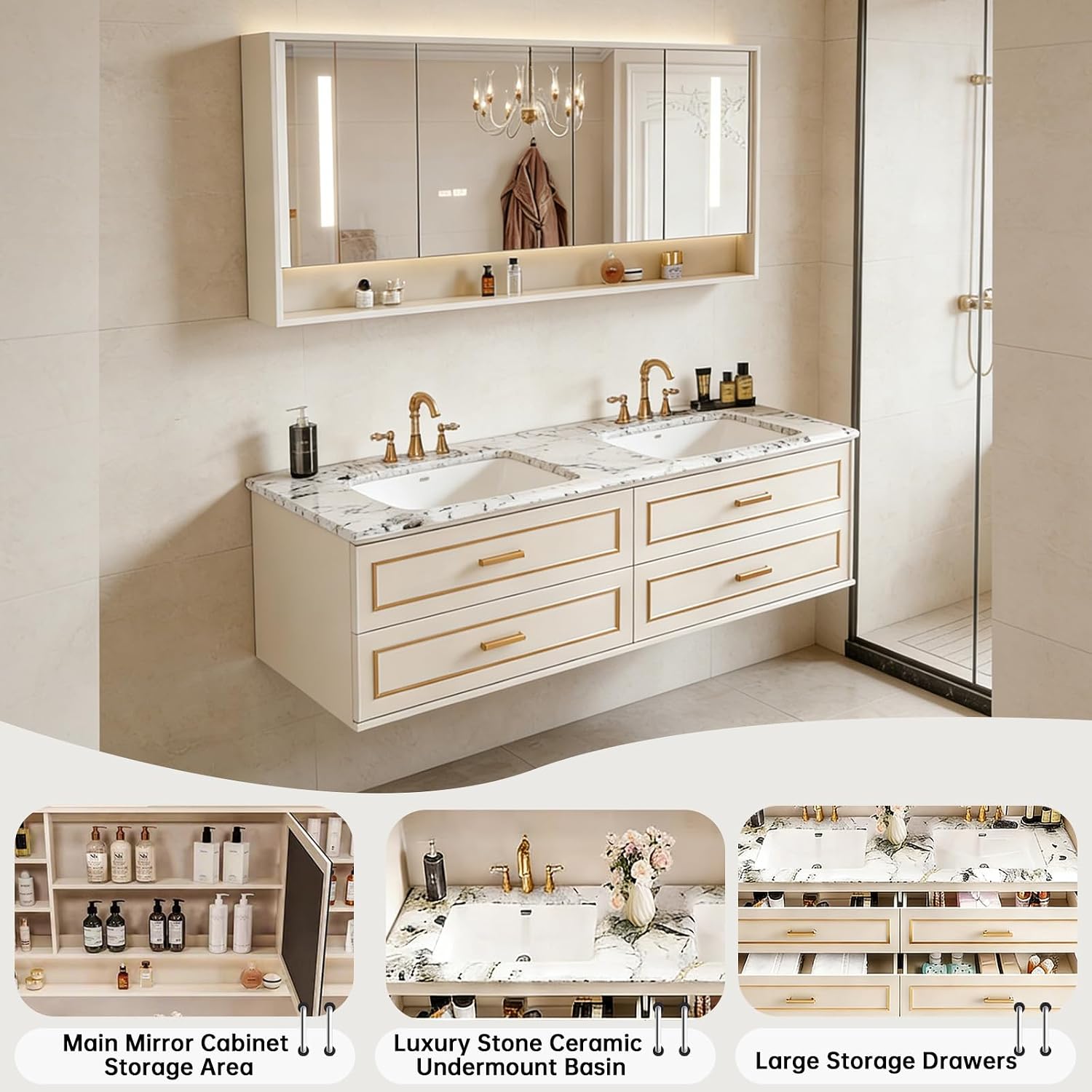 Oneroom Corner Bathroom Vanity with Sink, Vanity Cabinet with Sink Digital Mirror & Anti Fog Mirror, Wall Mirror for Bathroom Light Up Vanity Mirror