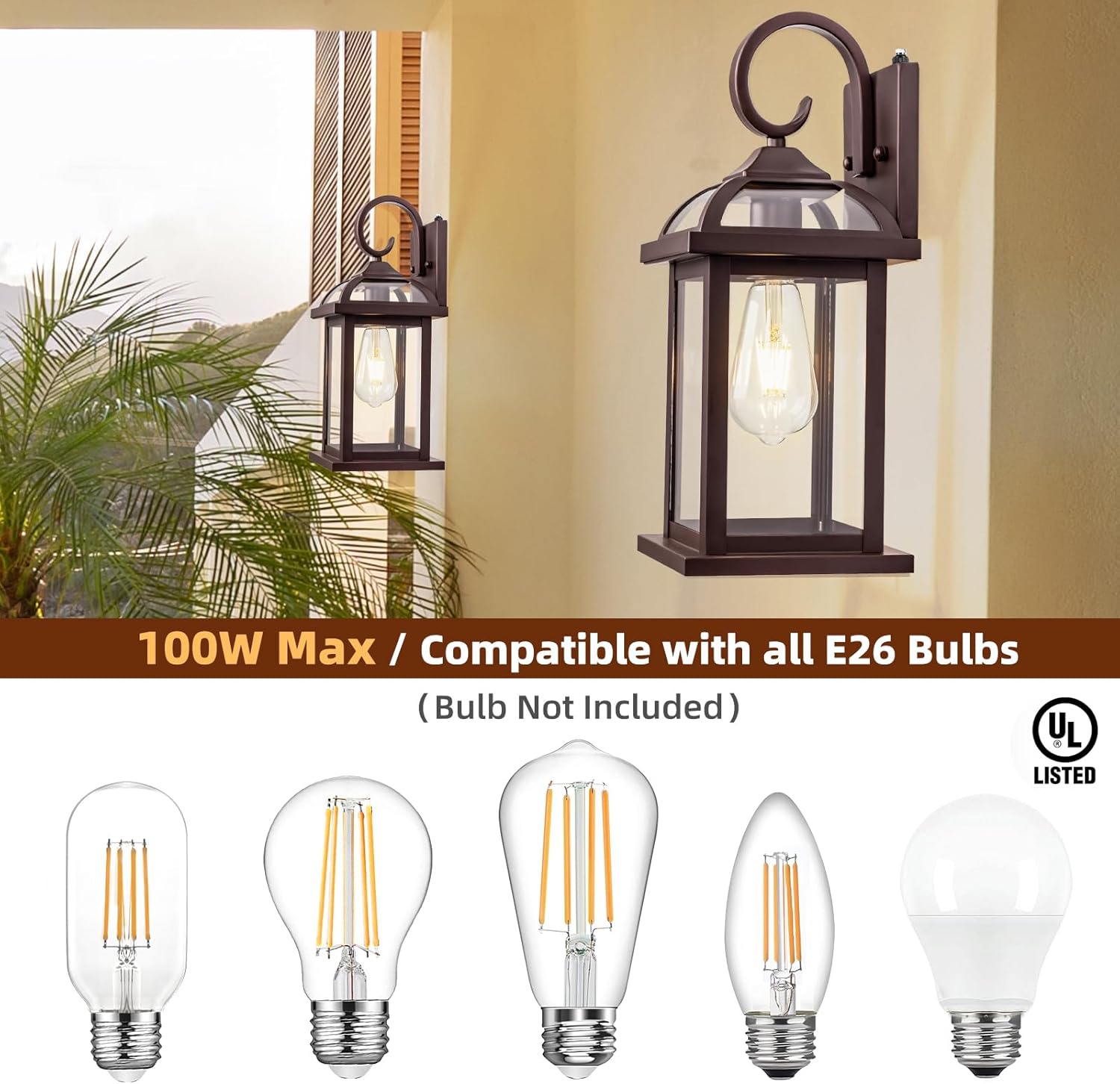 Dusk to Dawn Outdoor Lighting Oil Rubbed Bronze 2-Pack, 15 Inch Aluminum Anti-Rust Front Porch Lights with IP65 Clear Tempered Glass Exterior Light Fixtures for House Brown Carriage Lights