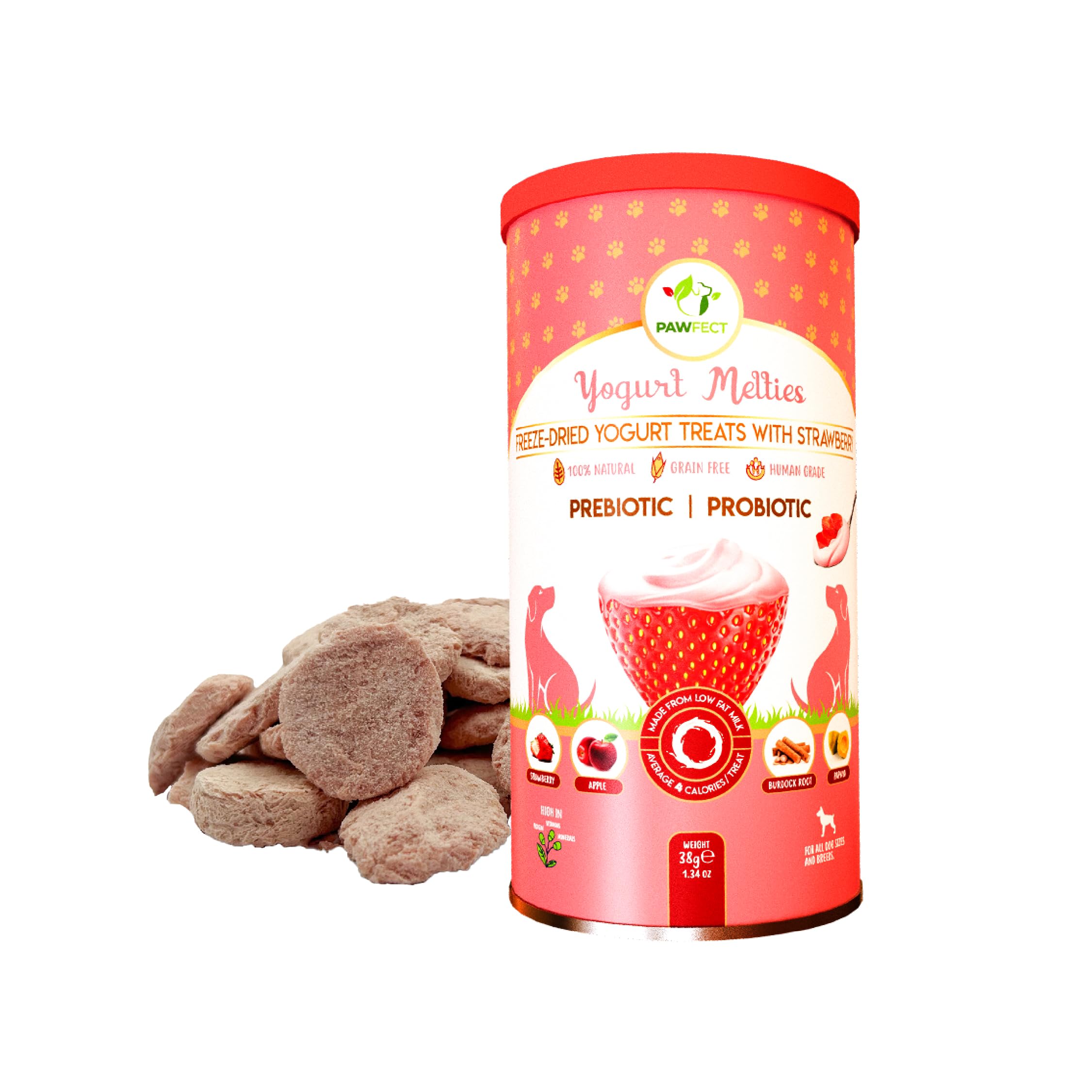 Pawfect Yogurt Melties Freeze Dried Pre and Probiotic Dog Treats with Yogurt Strawberry Apple Burdock Root and Papaya Improves Digestion Low Calorie No Grain Added Reward Treats for Dogs (38g/1.34oz)