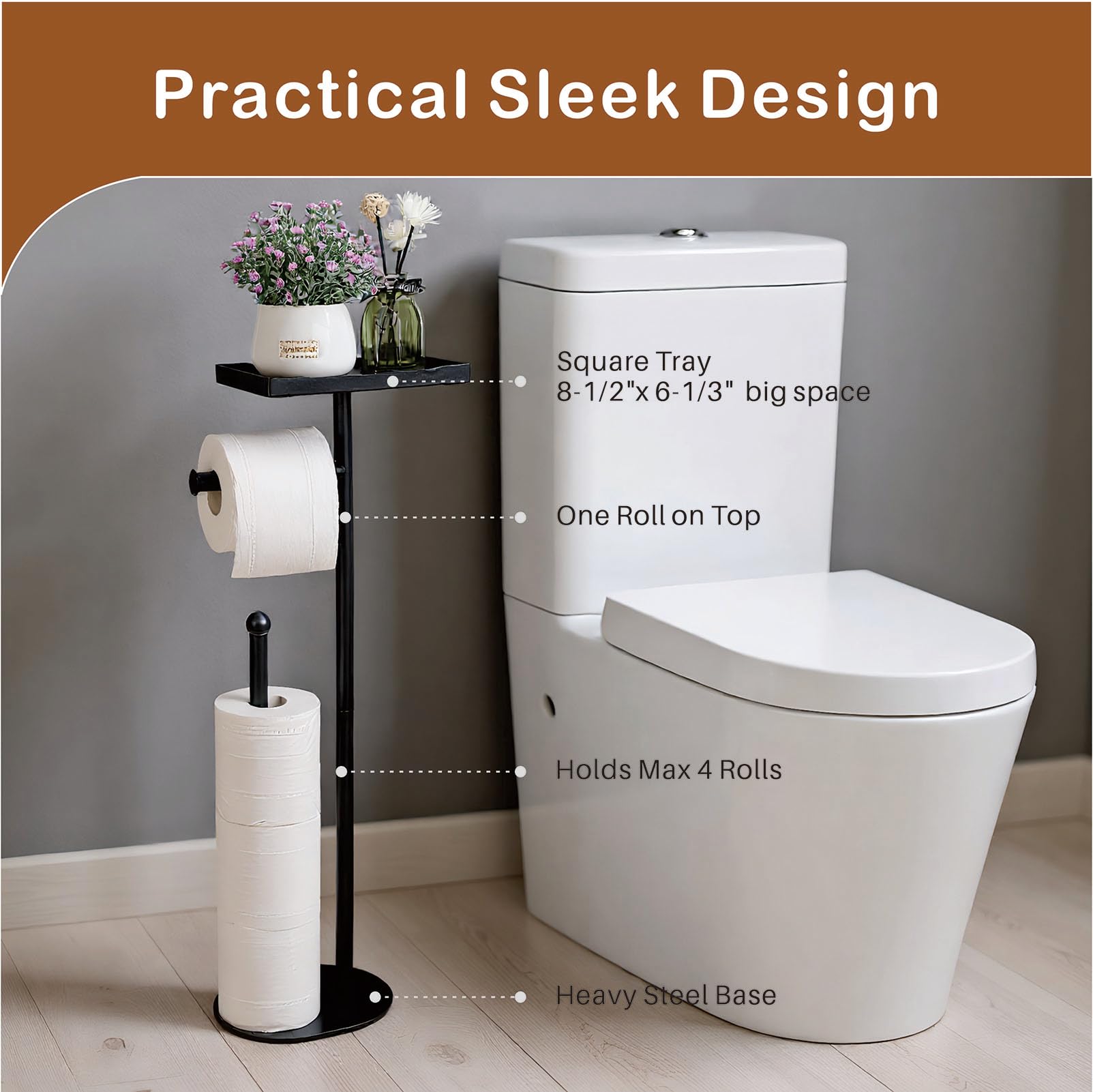 Support Papier Toilette Sur Pied – Avec étagère Pour Téléphone – Porte 5 Rouleaux – Acier Inoxydable Noir – Pour Salle De Bain