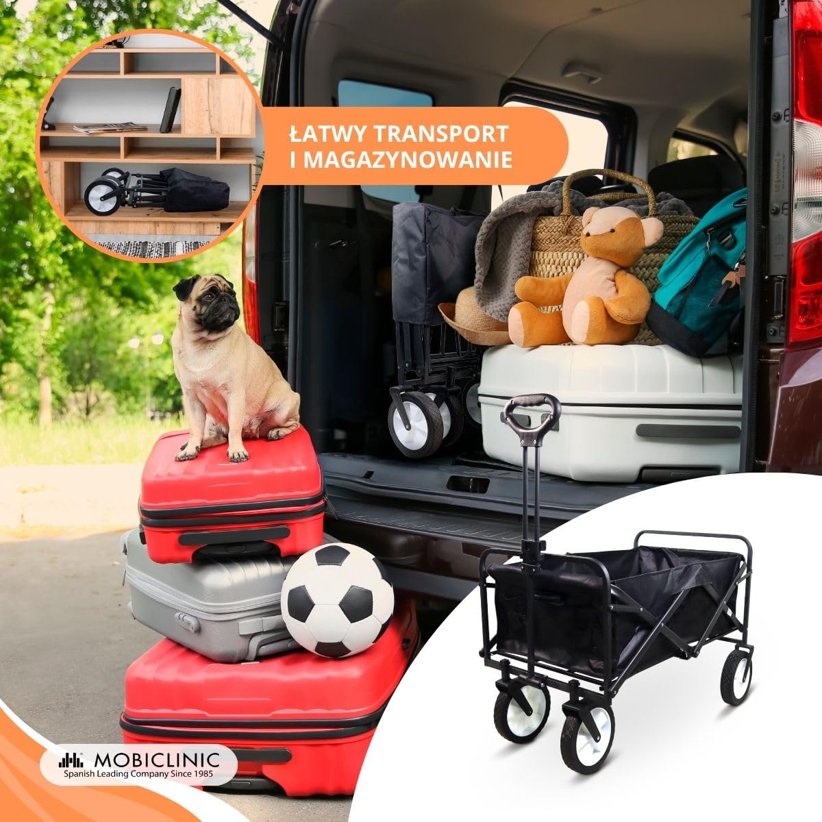 Mobiclinic®, Składany wózek transportowy, Na plażę i do ogrodu, Duna pro, Regulowana rączka, 360º terenowe koł, Nośność 100 kg, 85x54, 5x58, 5cm, Wodoodporny, Stal, Pcv, Czarny