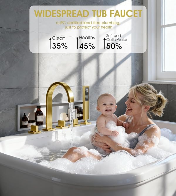 Roman Bathtub Faucet Set with Handheld Sprayer and Rough-in Valve Widespread Deck Mount 5 Hole Classic High Arch Tub Faucets Trim Kit 3 Handle with Diverter Lever Bath Tub Filler (Brushed gold) by WATHELS - Used condition - Image 3