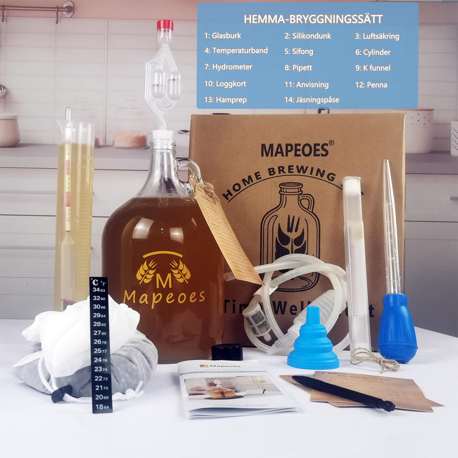 Set per birra domestica da 3,8 l, per birra, vino, idrometro e sidro – kit di avviamento completo con palloncino in vetro, idrometro, serratura ad aria, sollevatore per tubo, sacchetto per