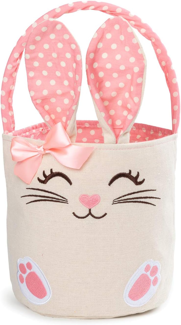 Personalized Bunny Ears Bucket Bag with Custom Name | Pink Polka Dot Liner Easter Bag with Handle | Soft Egg Basket for Kids | Customized Easter Basket | Great for Book and Toy Storage