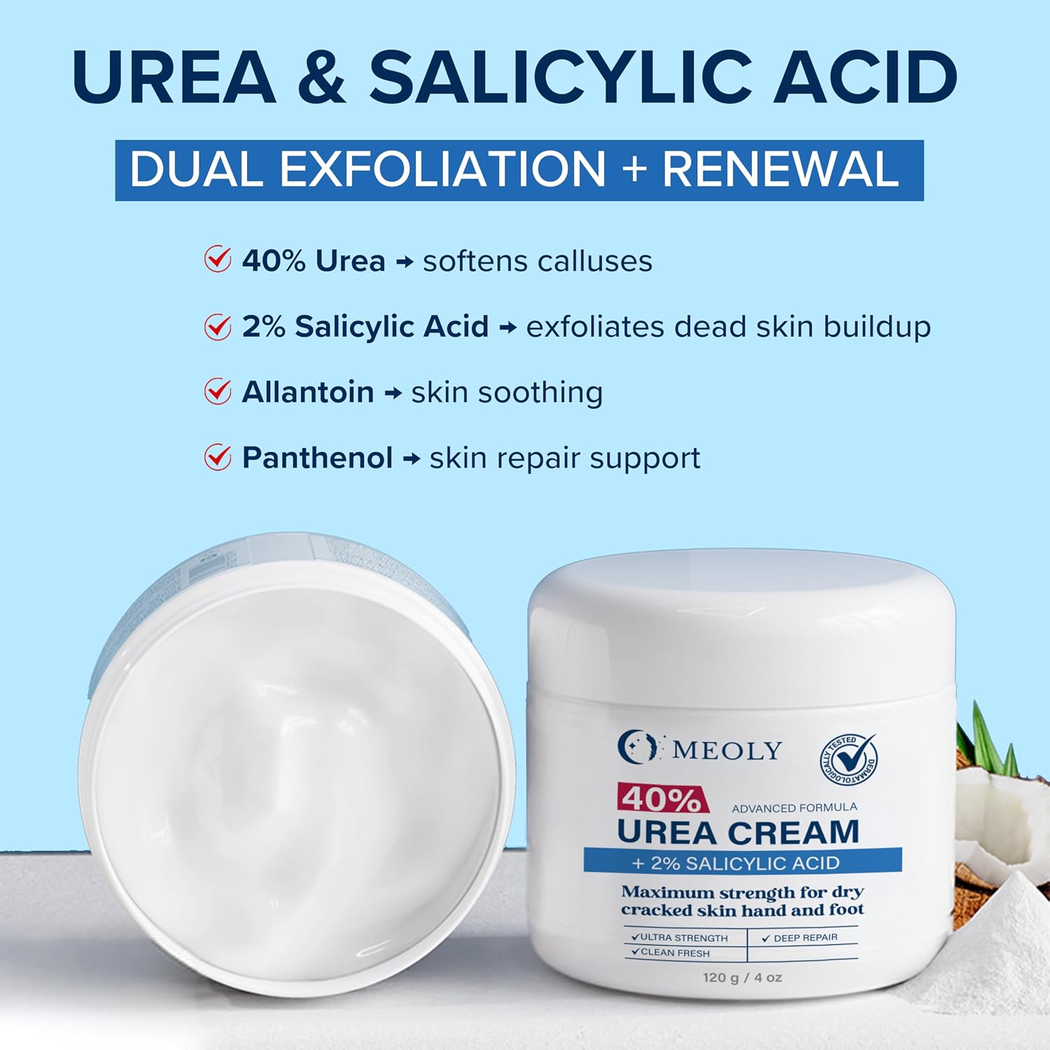 MEOLY 40% Urea Cream for Foot: Urea cream maximum strength with 2% Salicylic Acid for dry cracked skin hand and foot